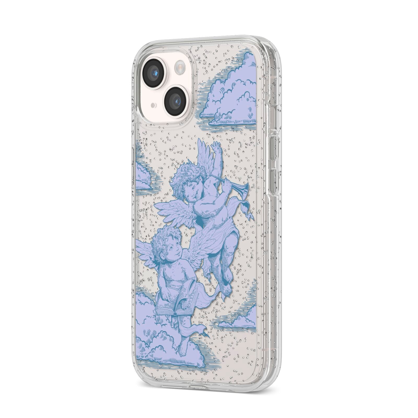 Angel Cloud Blue iPhone 14 Glitter Tough Case Starlight Angled Image