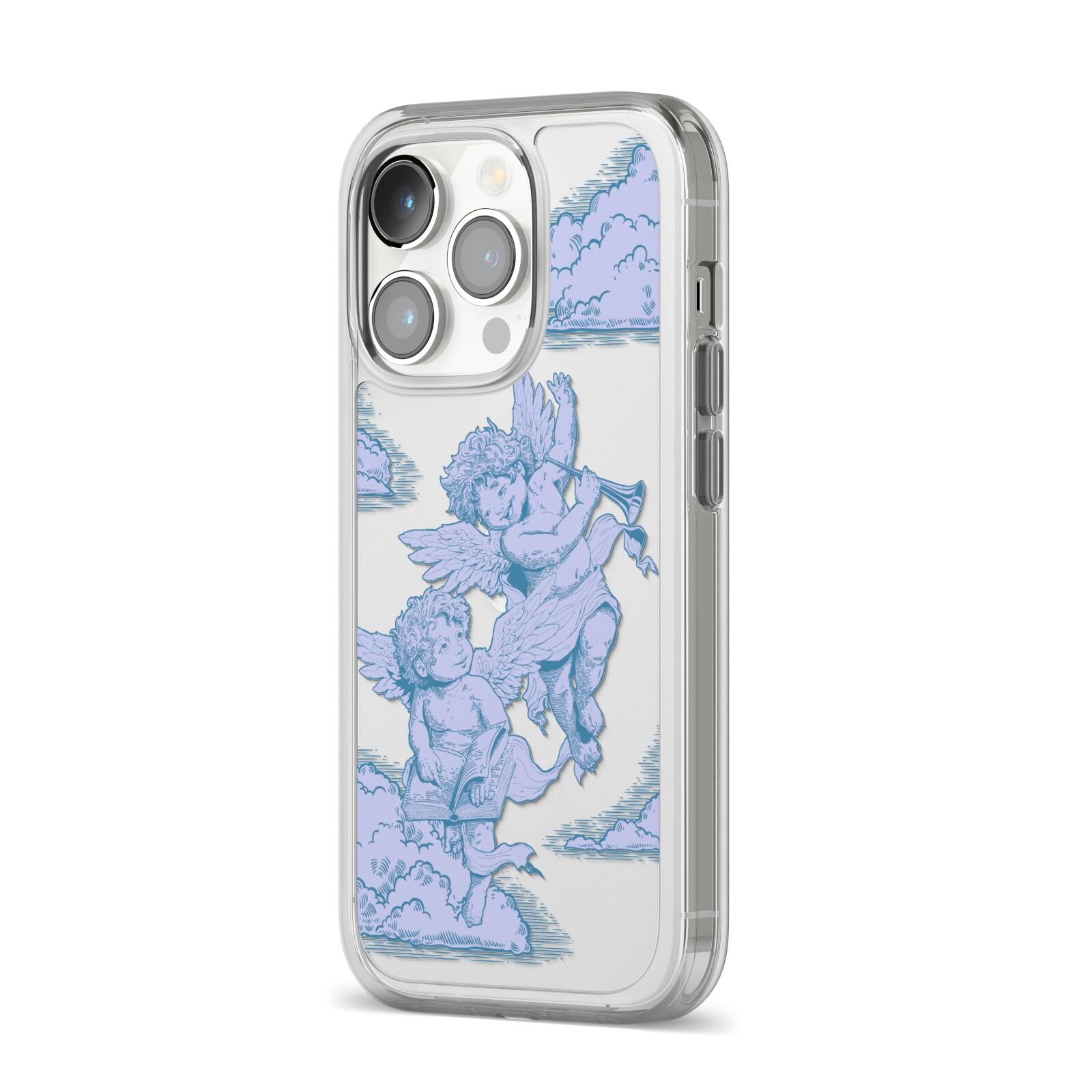 Angel Cloud Blue iPhone 14 Pro Clear Tough Case Silver Angled Image