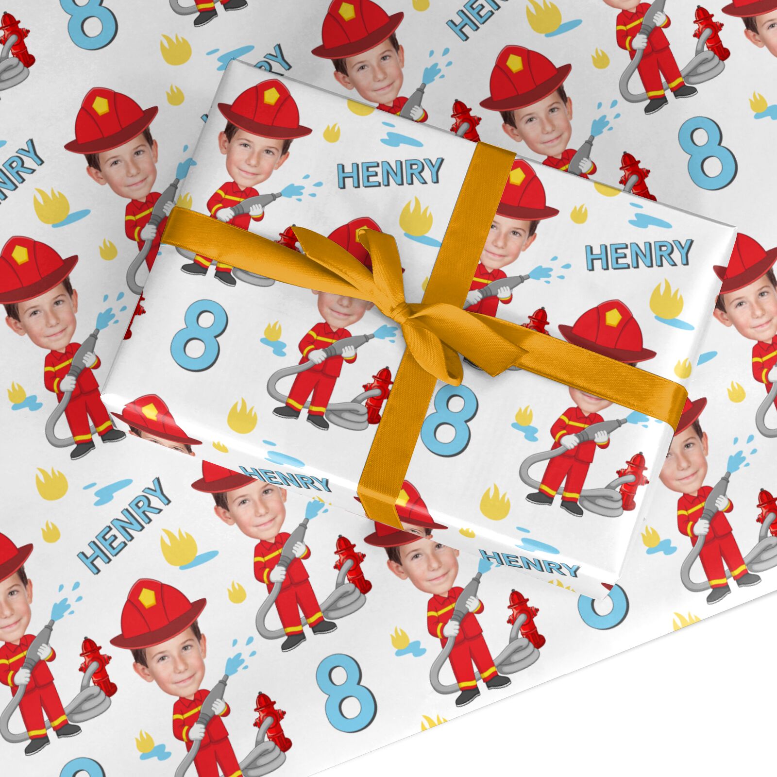 Boys Personalised Photo Fireman Custom Wrapping Paper