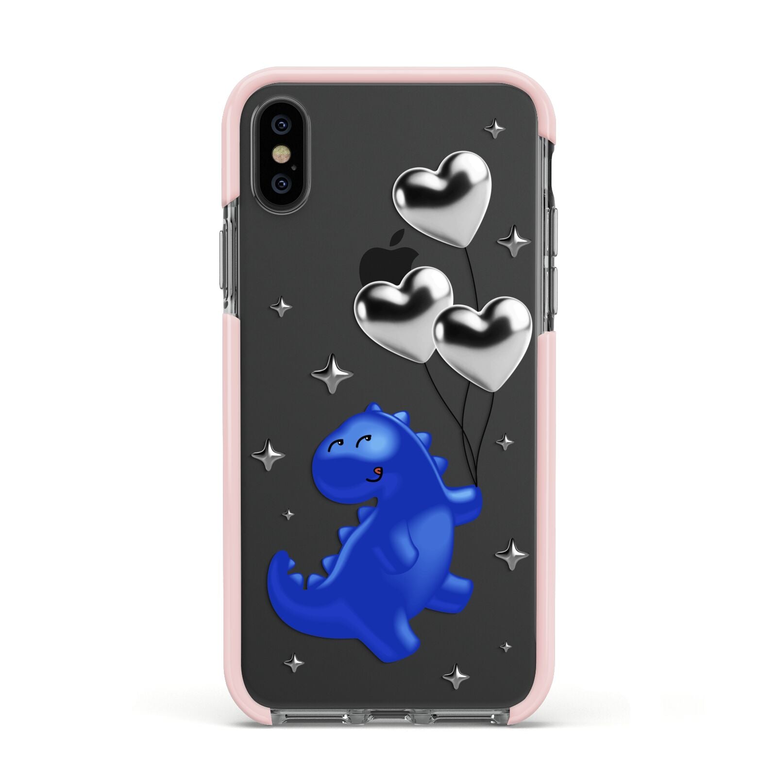 Chrome Dinosaur Balloons Apple iPhone Xs Impact Case Pink Edge on Black Phone