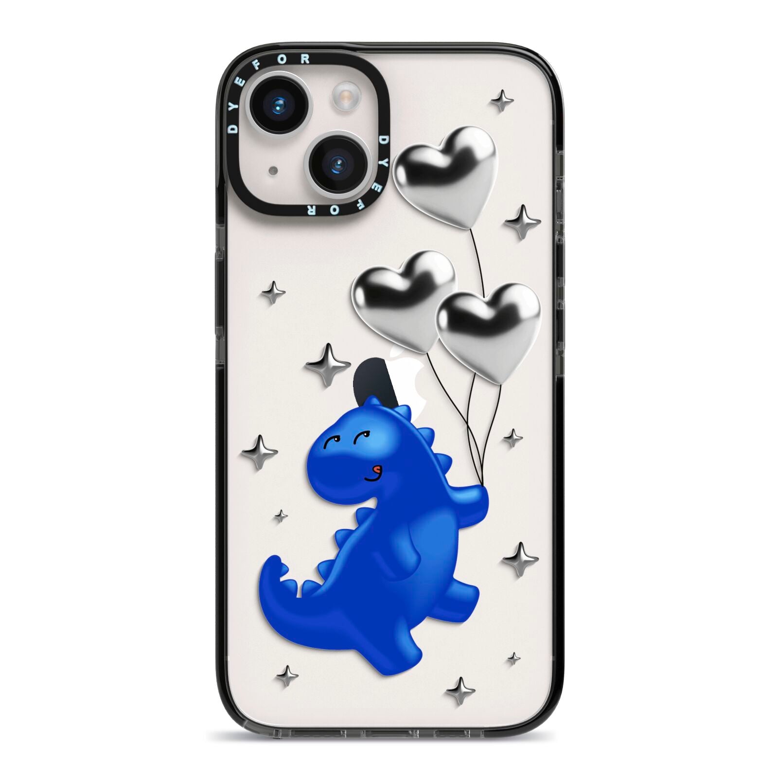 Chrome Dinosaur Balloons iPhone 14 Black Impact Case on Silver phone