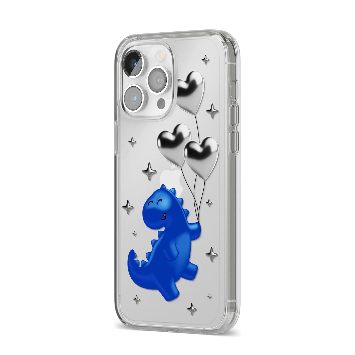 Chrome Dinosaur Balloons iPhone 14 Pro Max Clear Tough Case Silver Angled Image