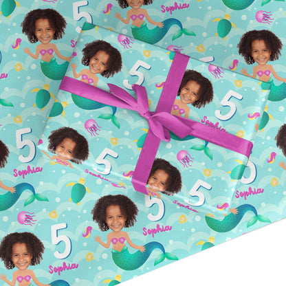 Girls Birthday Mermaid Photo Face Custom Wrapping Paper