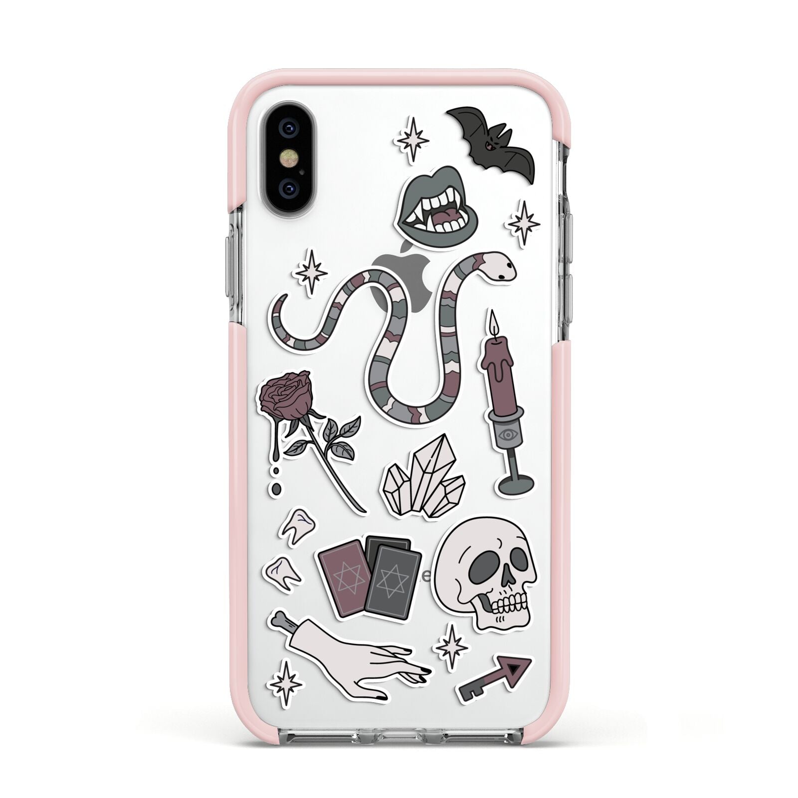 Halloween Spooky Stickers Apple iPhone Xs Impact Case Pink Edge on Silver Phone