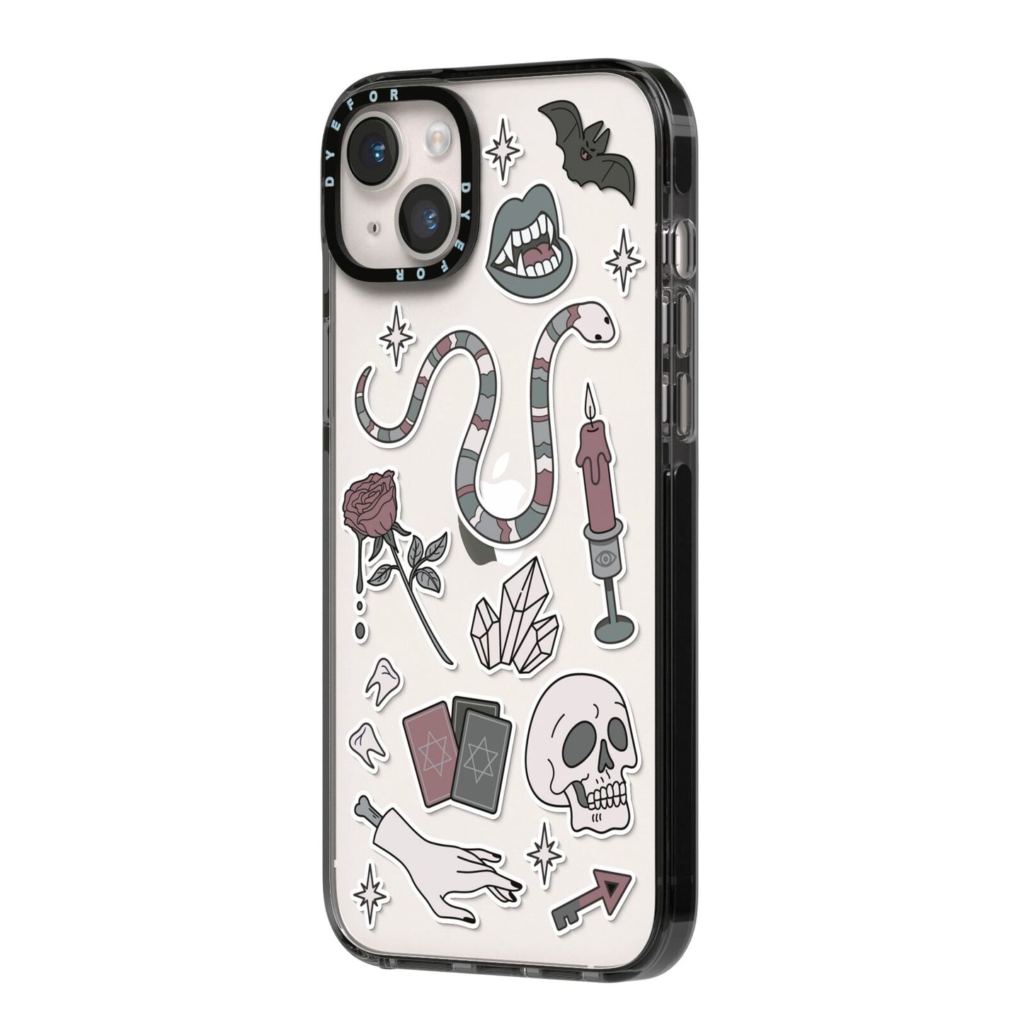 Halloween Spooky Stickers iPhone 14 Plus Black Impact Case Side Angle on Silver phone