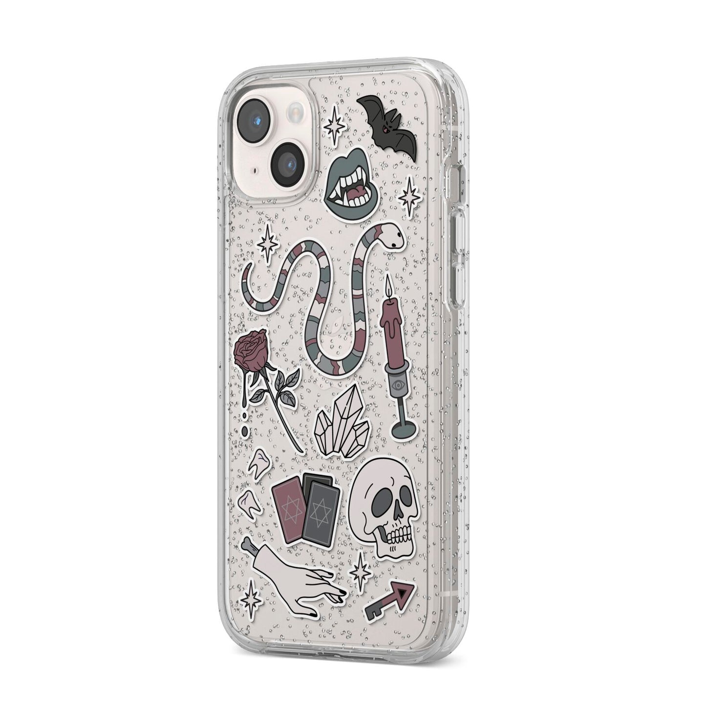 Halloween Spooky Stickers iPhone 14 Plus Glitter Tough Case Starlight Angled Image