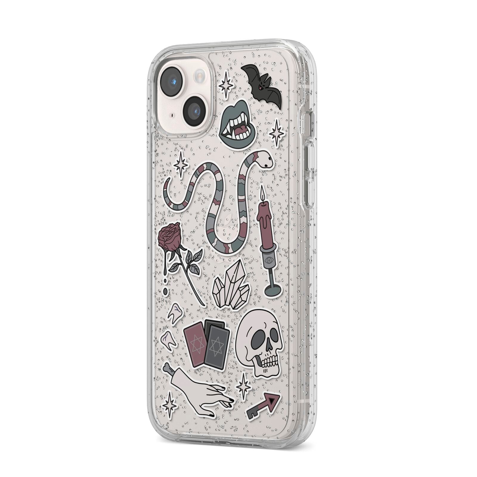 Halloween Spooky Stickers iPhone 14 Plus Glitter Tough Case Starlight Angled Image