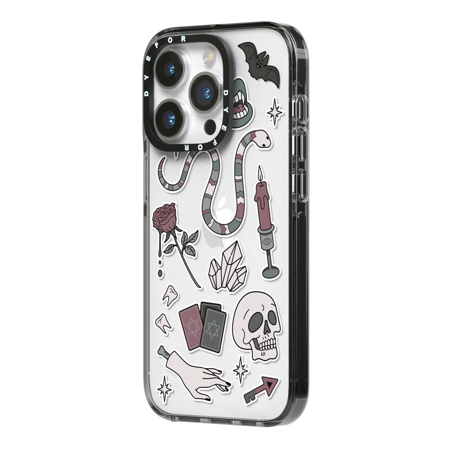 Halloween Spooky Stickers iPhone 14 Pro Black Impact Case Side Angle on Silver phone