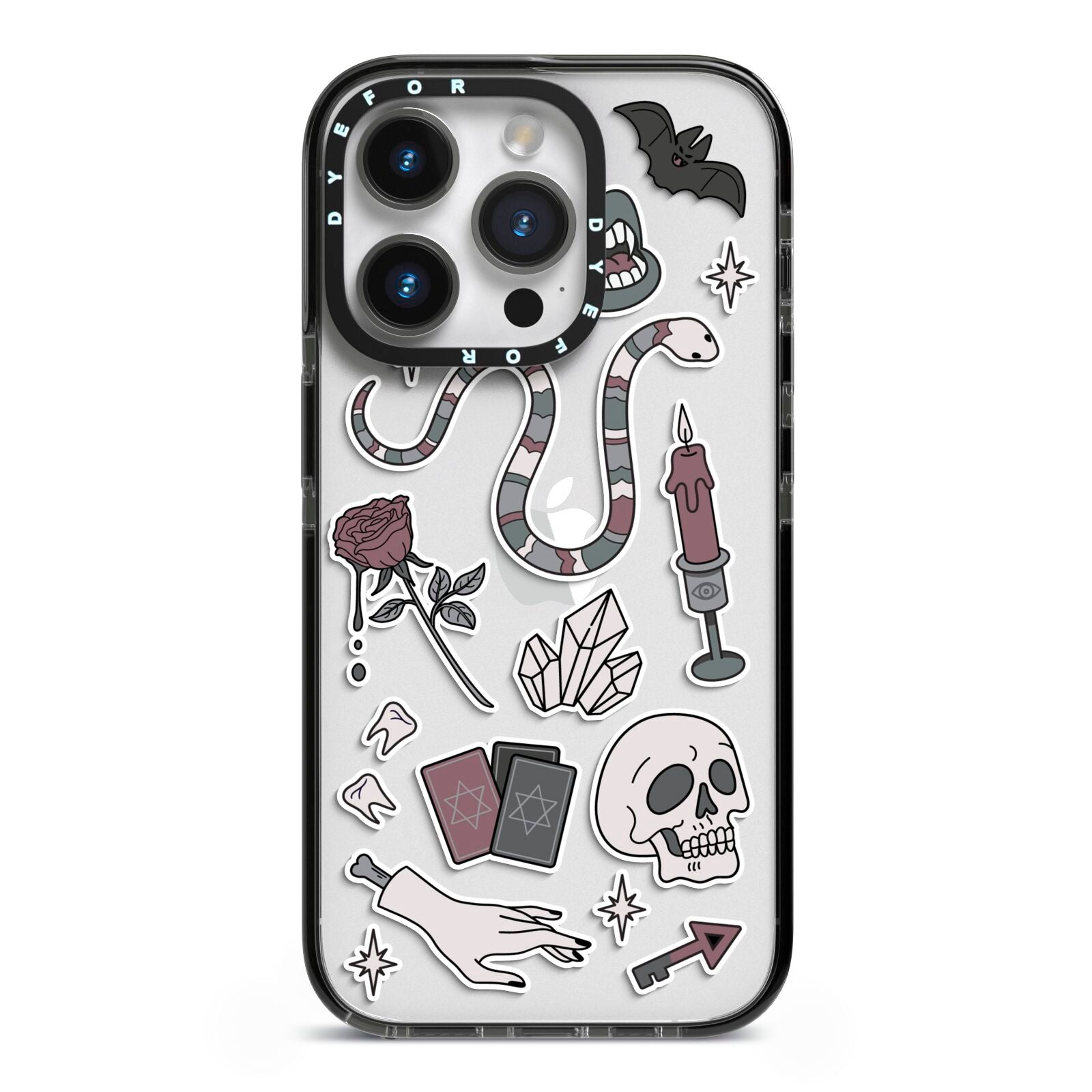 Halloween Spooky Stickers iPhone 14 Pro Black Impact Case on Silver phone