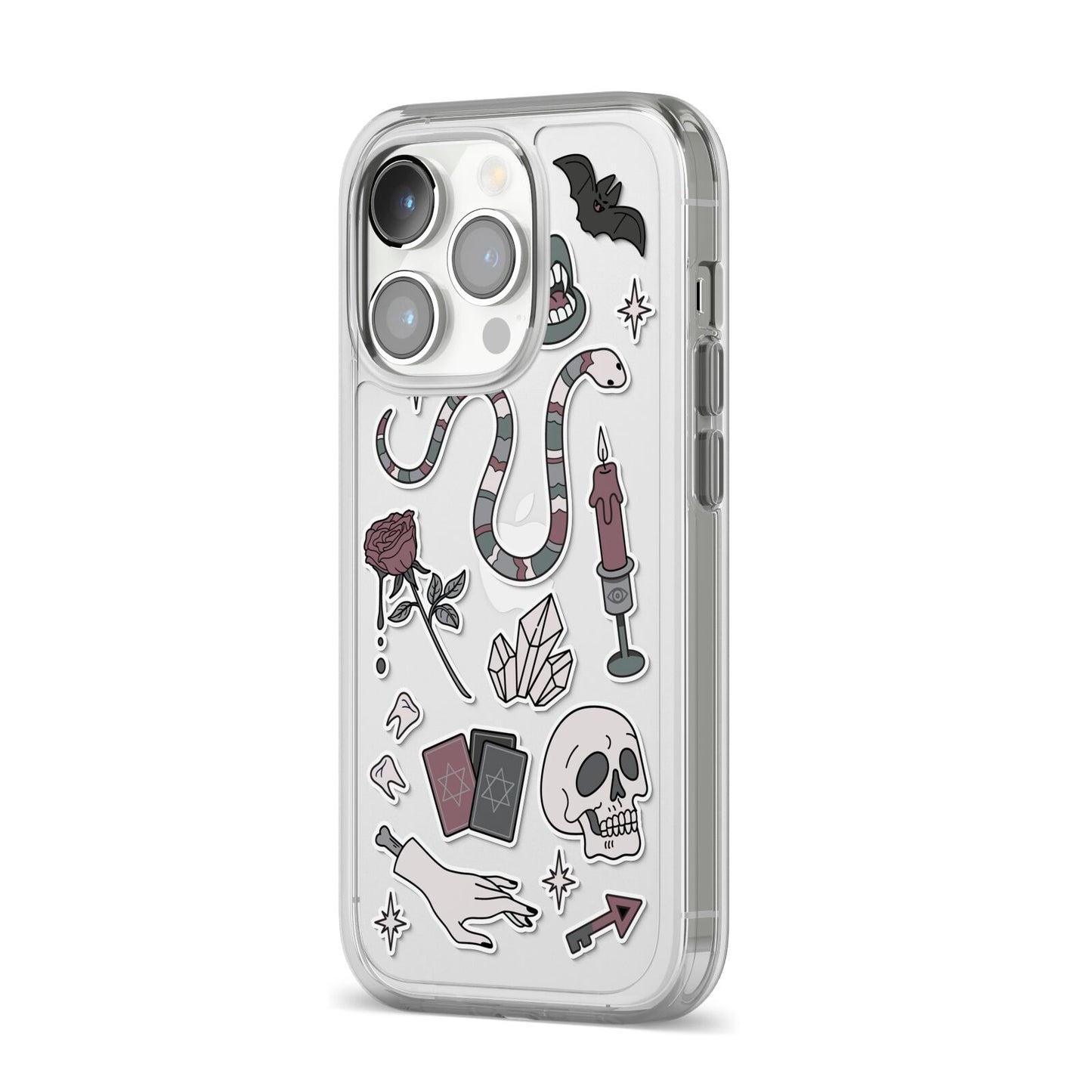 Halloween Spooky Stickers iPhone 14 Pro Clear Tough Case Silver Angled Image