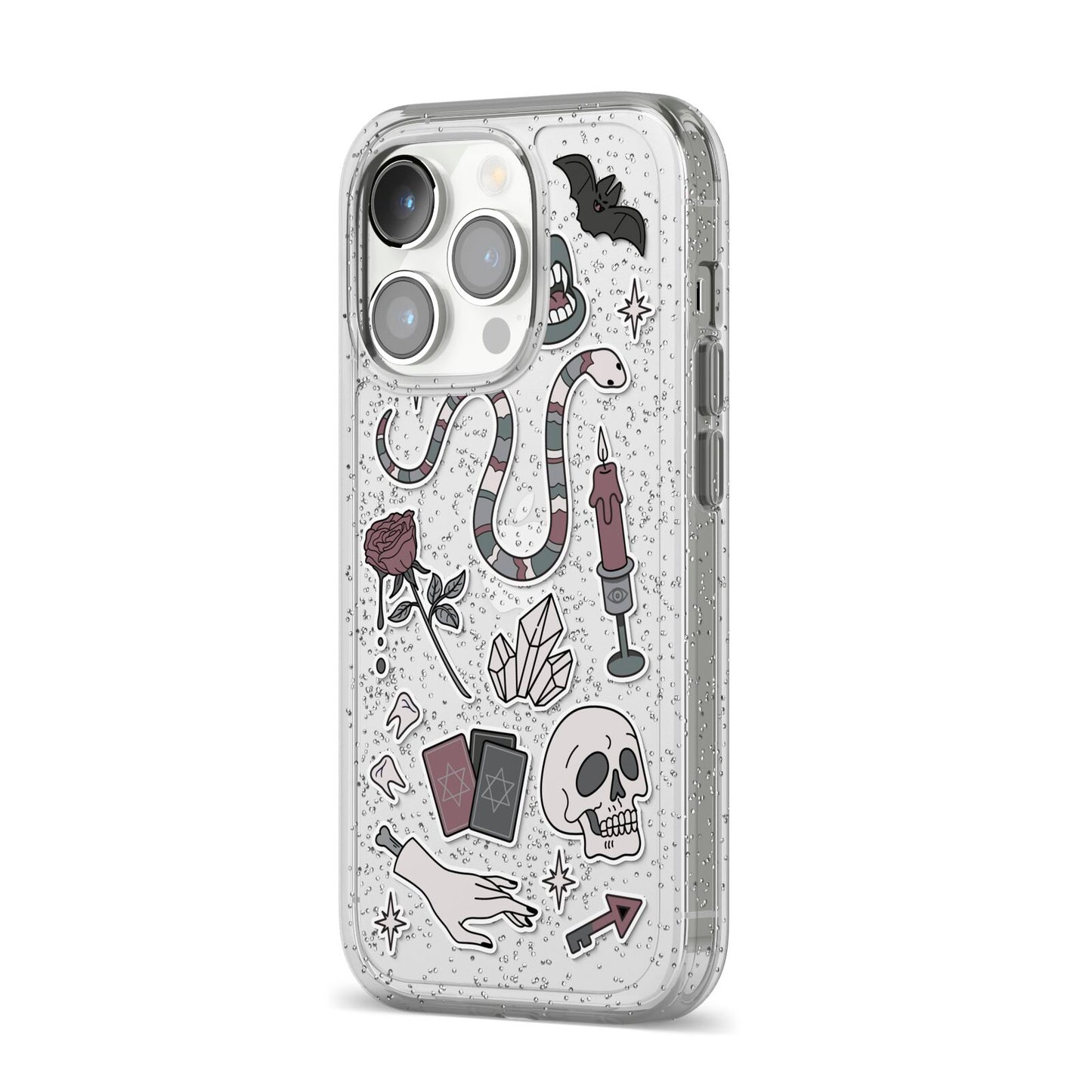 Halloween Spooky Stickers iPhone 14 Pro Glitter Tough Case Silver Angled Image