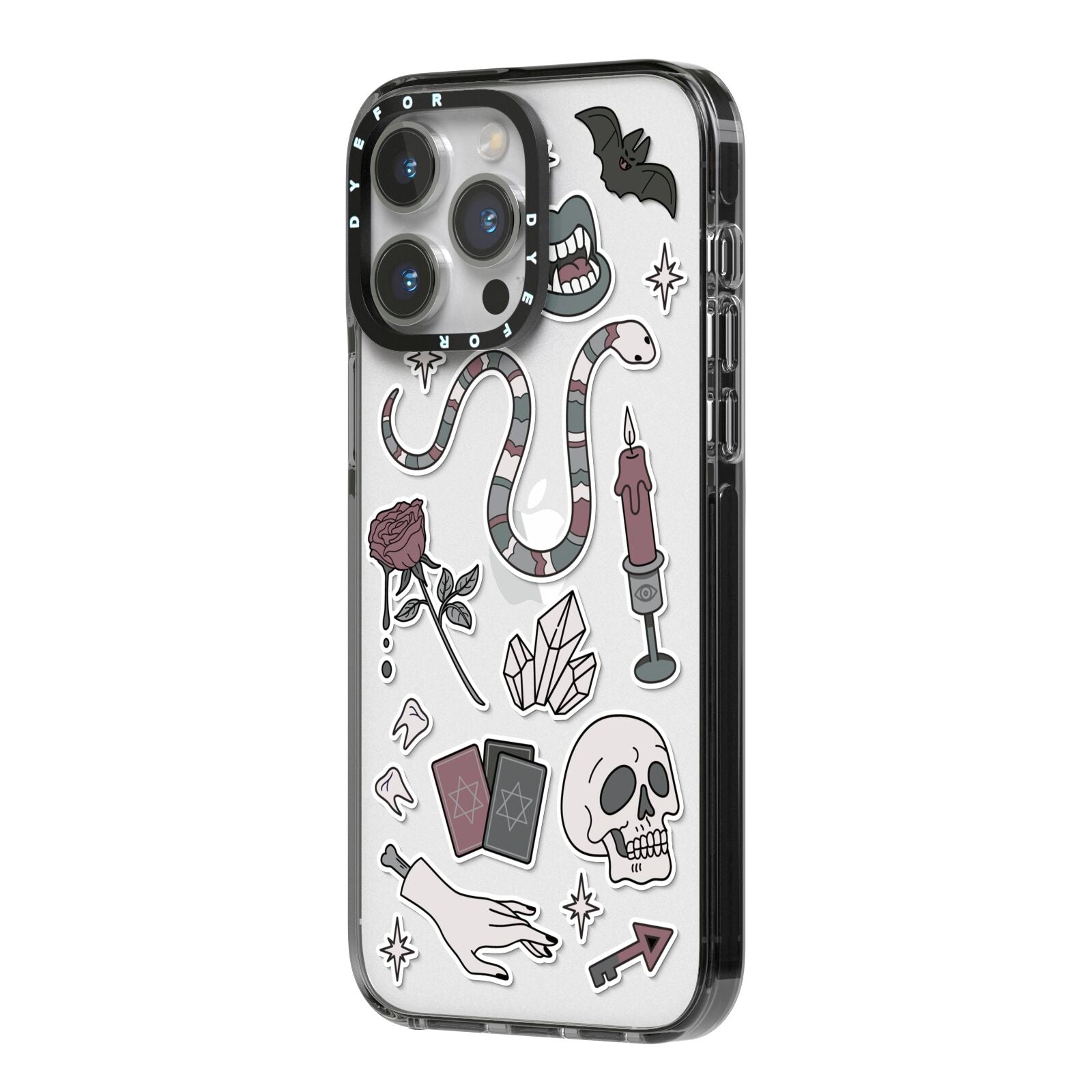 Halloween Spooky Stickers iPhone 14 Pro Max Black Impact Case Side Angle on Silver phone