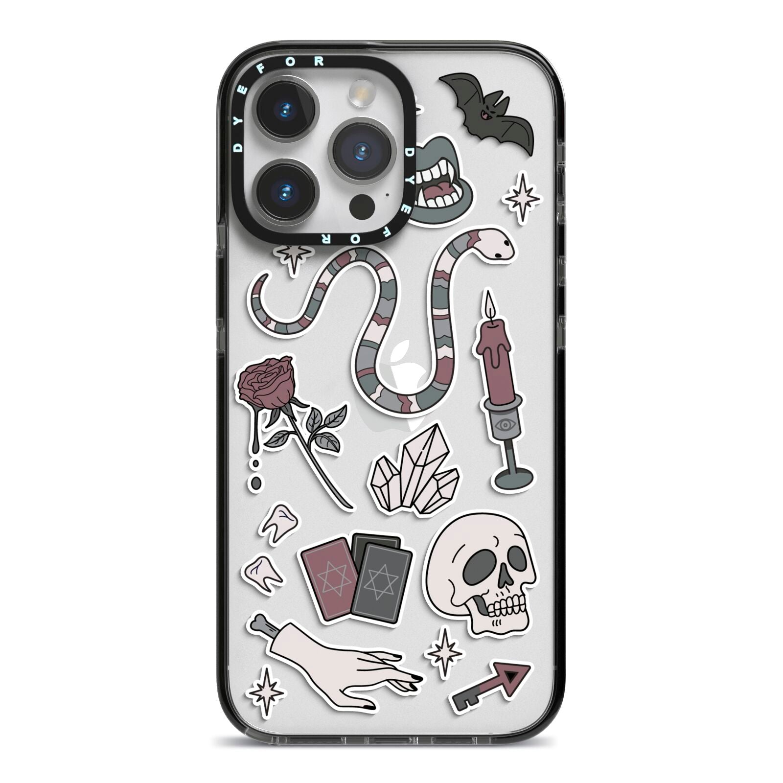 Halloween Spooky Stickers iPhone 14 Pro Max Black Impact Case on Silver phone