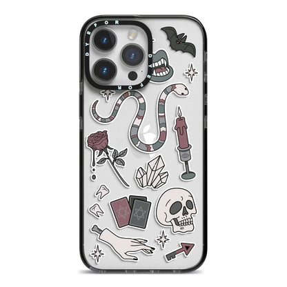 Halloween Spooky Stickers iPhone 14 Pro Max Black Impact Case on Silver phone