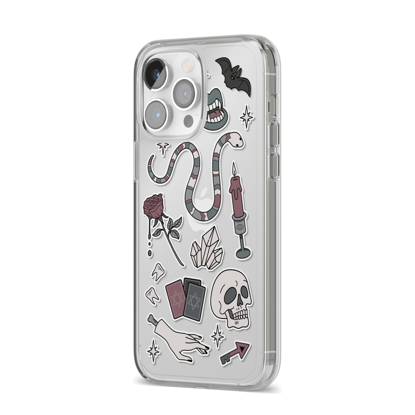 Halloween Spooky Stickers iPhone 14 Pro Max Clear Tough Case Silver Angled Image