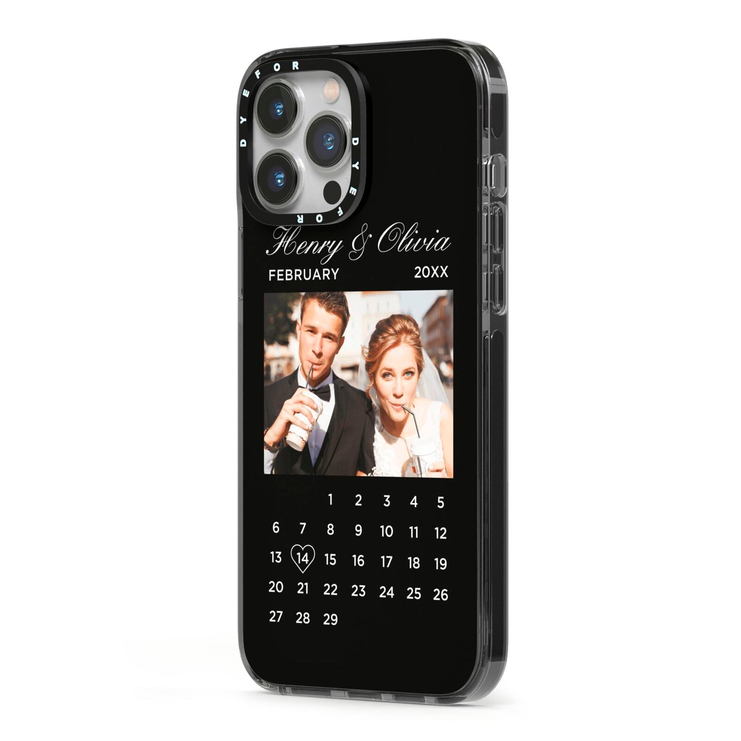 Milestone Date Personalised Photo iPhone 13 Pro Max Black Impact Case Side Angle on Silver phone