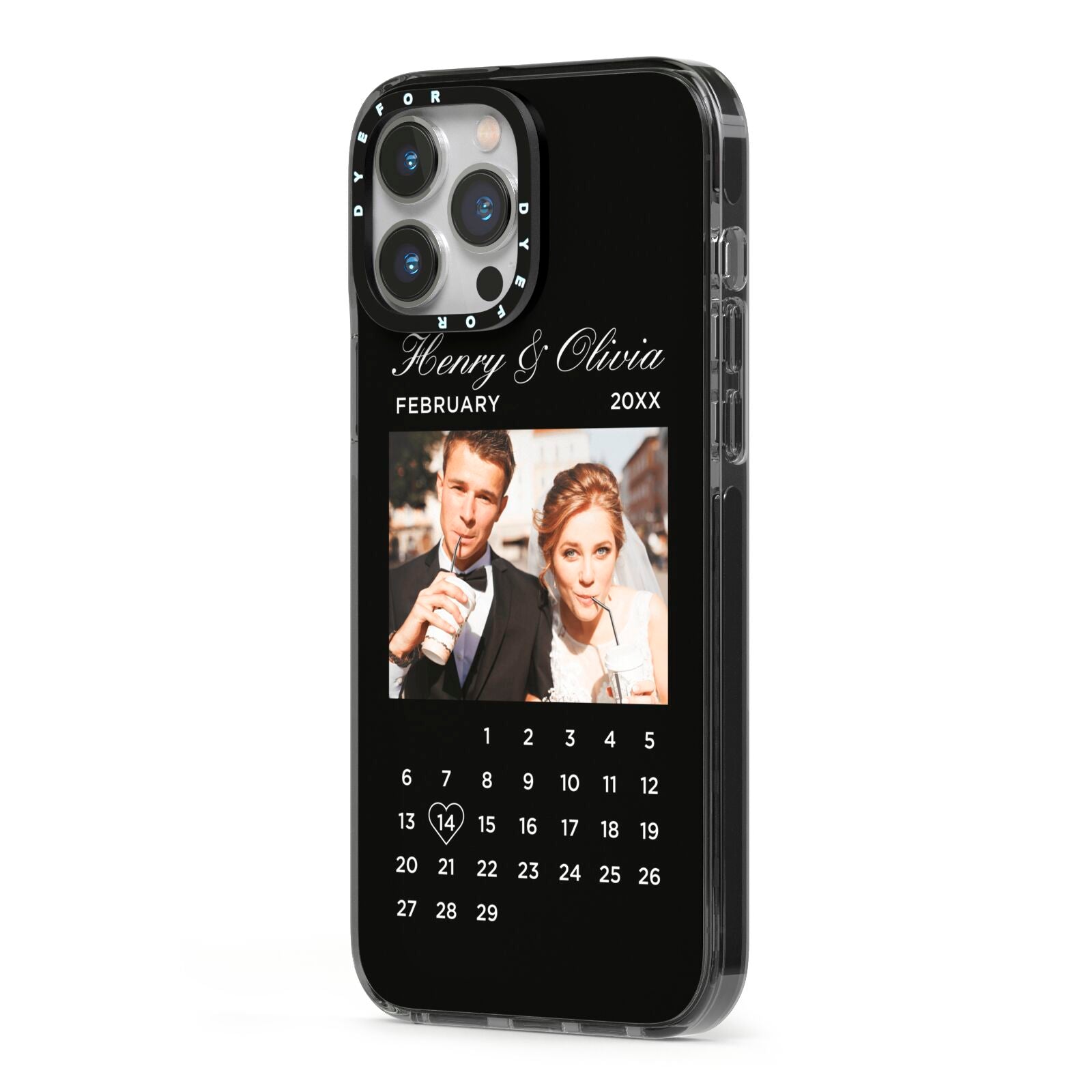 Milestone Date Personalised Photo iPhone 13 Pro Max Black Impact Case Side Angle on Silver phone