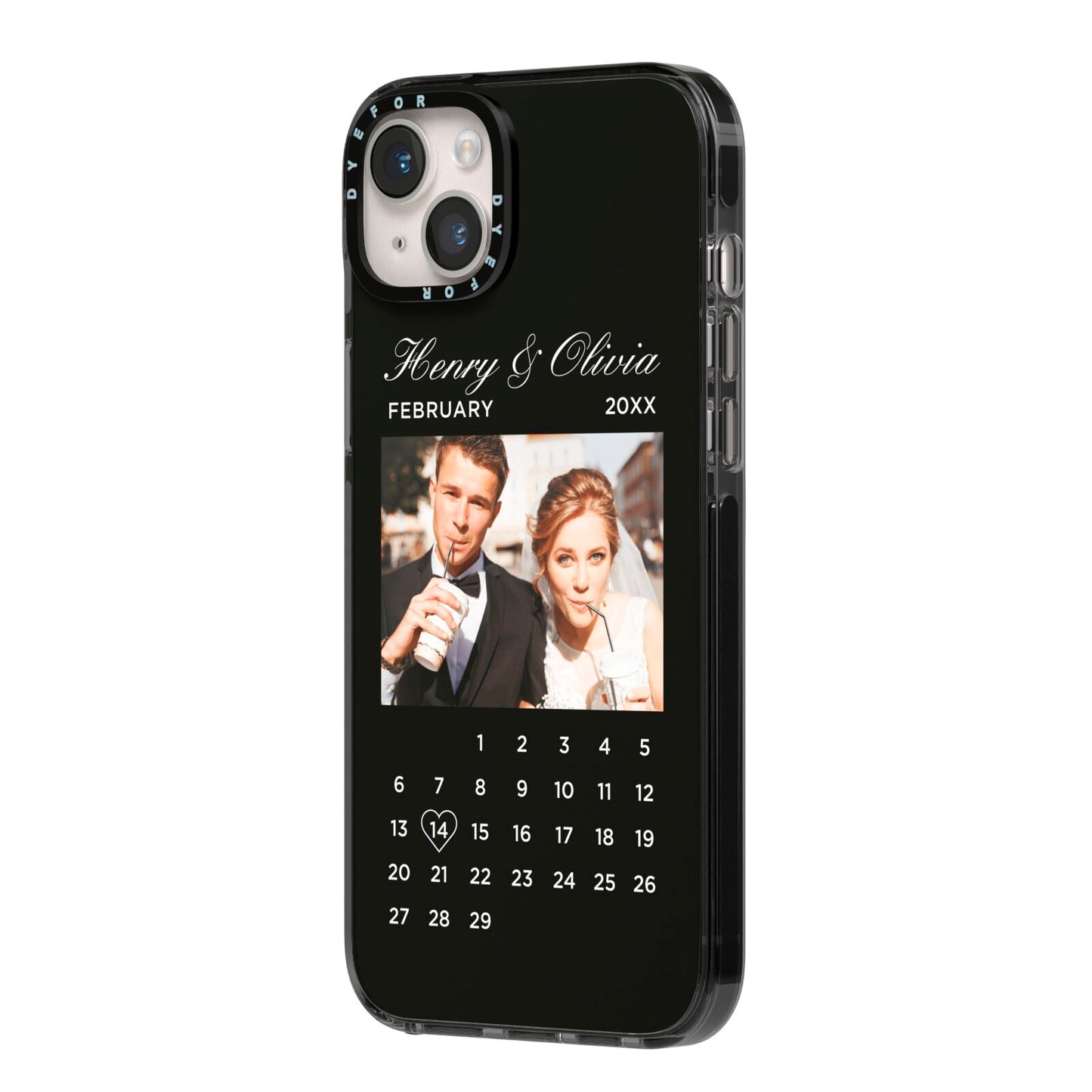 Milestone Date Personalised Photo iPhone 14 Plus Black Impact Case Side Angle on Silver phone