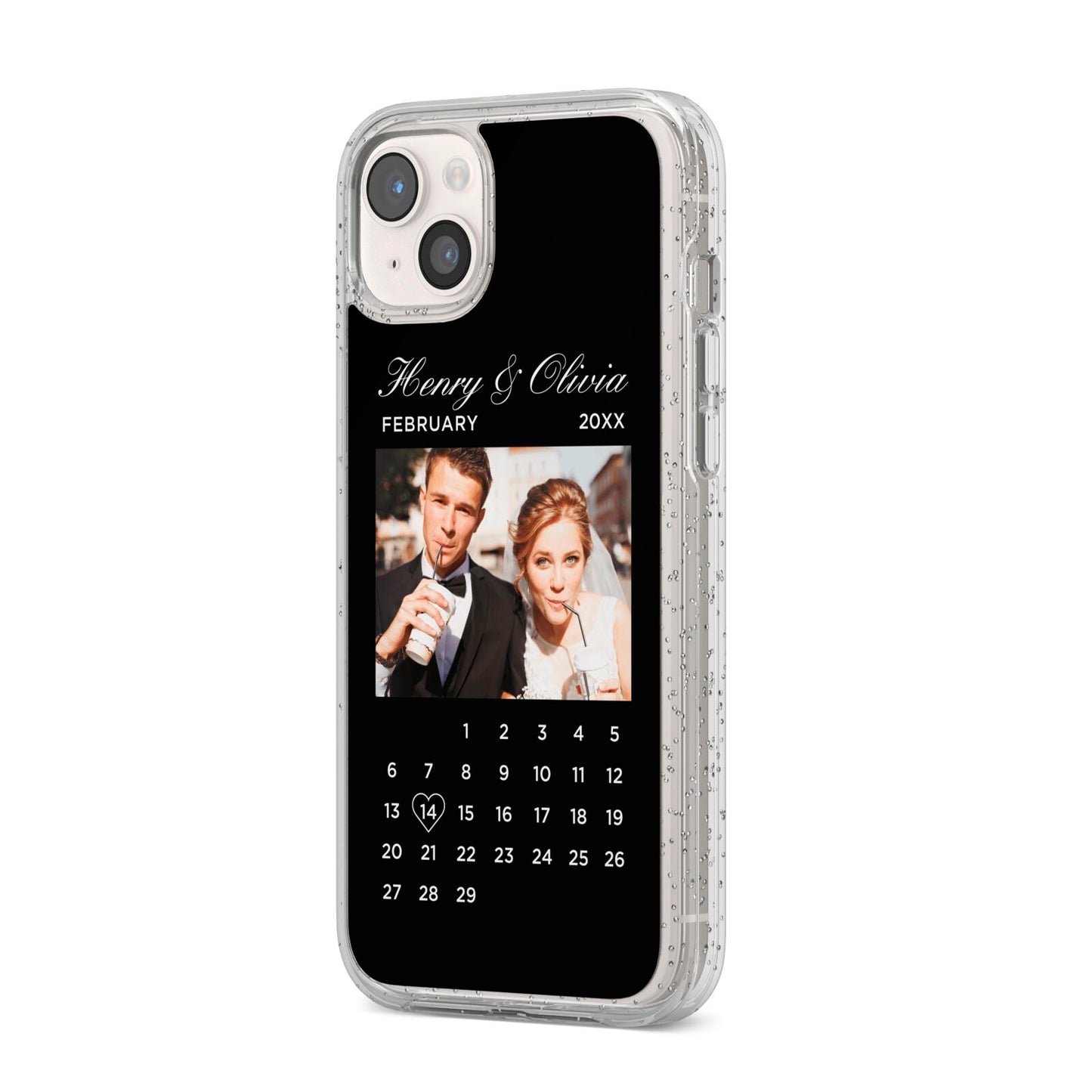 Milestone Date Personalised Photo iPhone 14 Plus Glitter Tough Case Starlight Angled Image