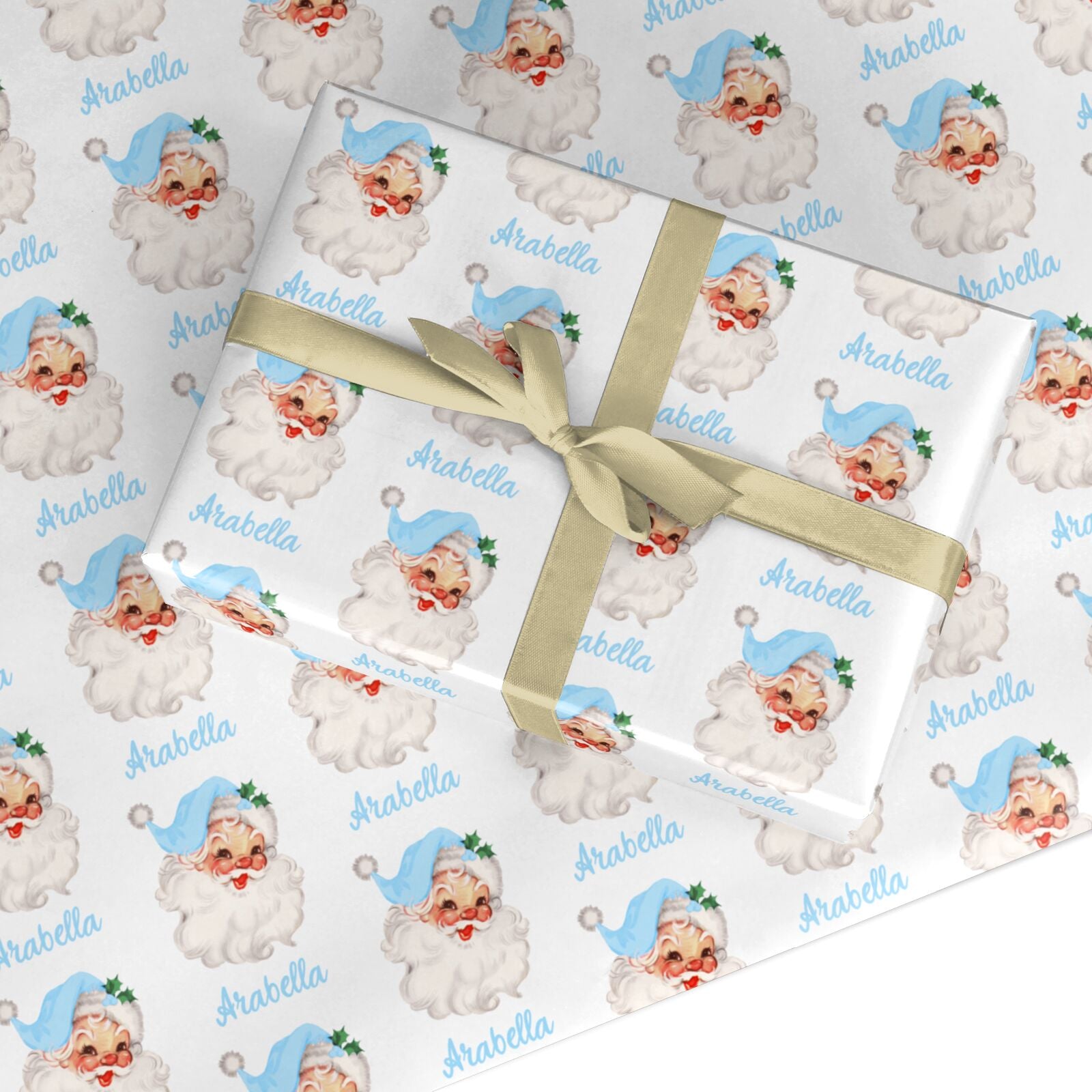 Personalised Blue Vintage Santa Christmas Custom Wrapping Paper