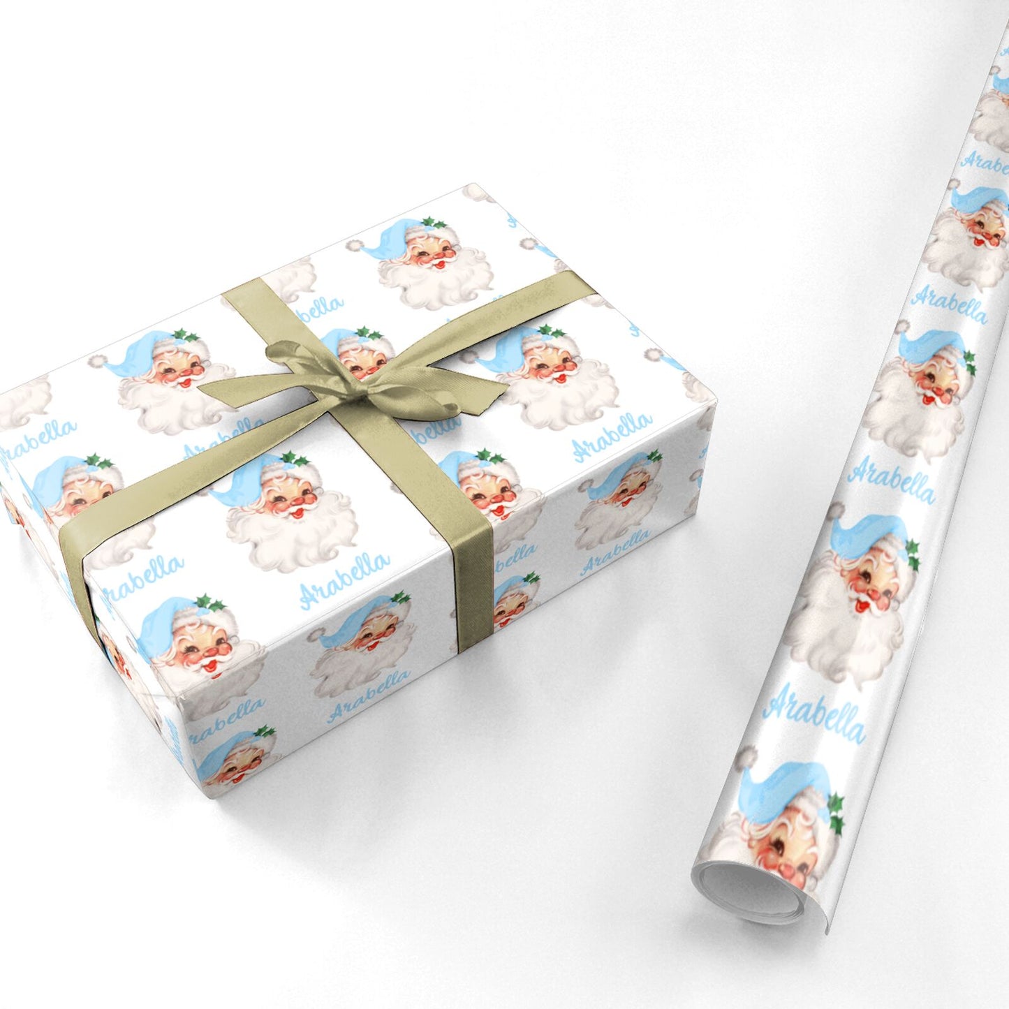 Personalised Blue Vintage Santa Christmas Personalised Wrapping Paper