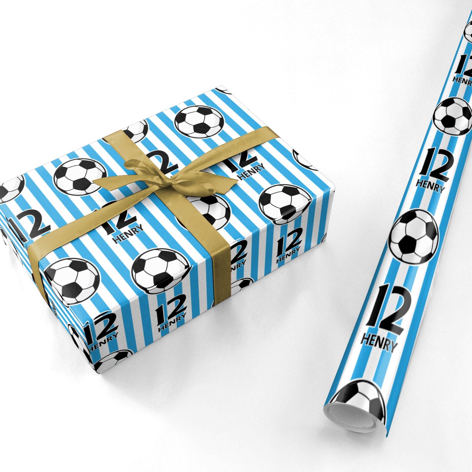 Personalised Blue White Football Birthday Personalised Wrapping Paper