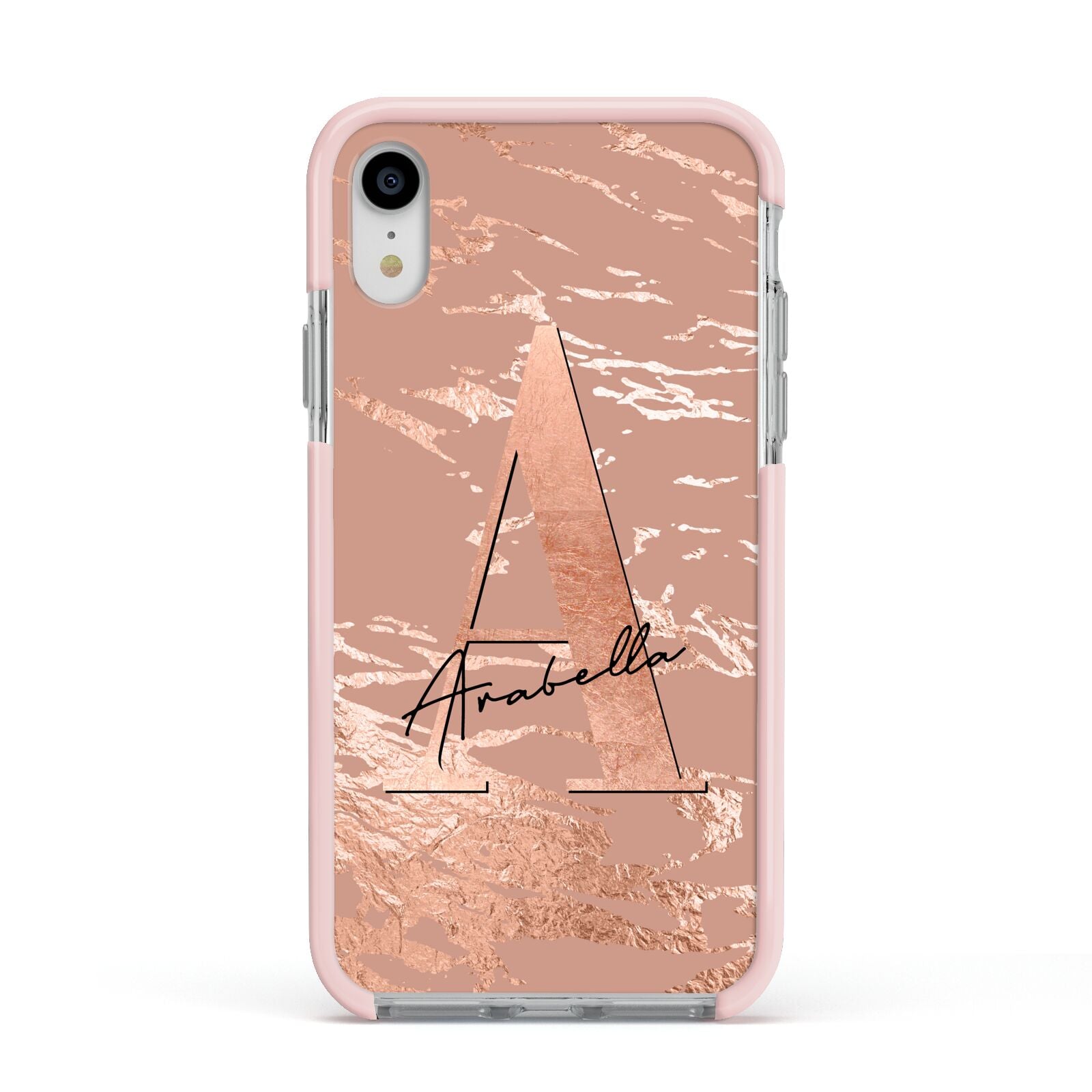 Personalised Copper Taupe Marble Apple iPhone XR Impact Case Pink Edge on Silver Phone