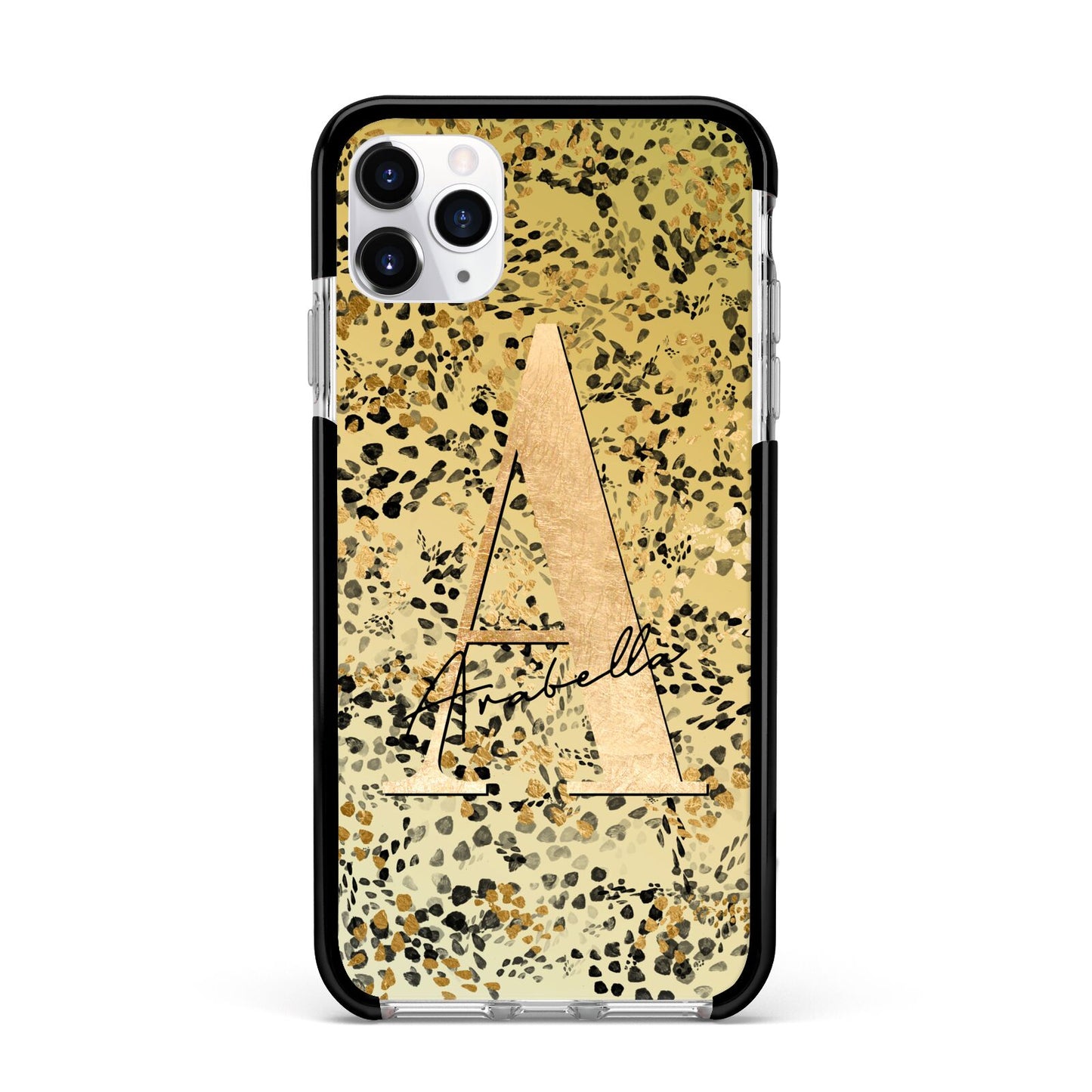 Personalised Gold Black Cheetah Apple iPhone 11 Pro Max in Silver with Black Impact Case