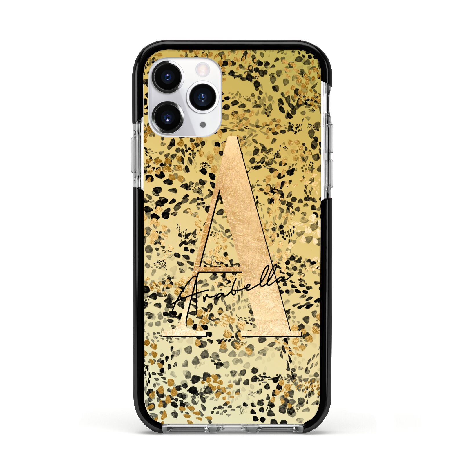 Personalised Gold Black Cheetah Apple iPhone 11 Pro in Silver with Black Impact Case