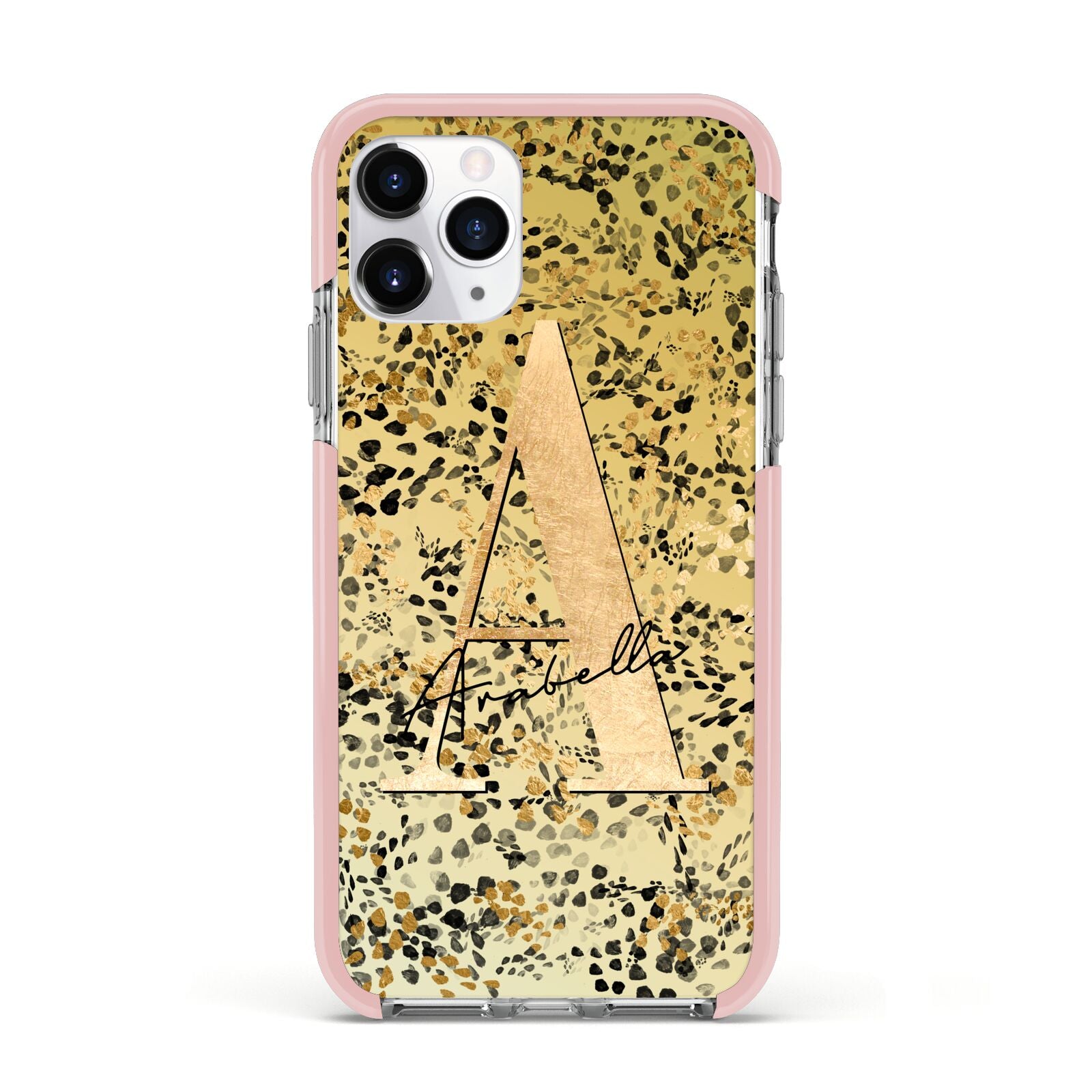 Personalised Gold Black Cheetah Apple iPhone 11 Pro in Silver with Pink Impact Case