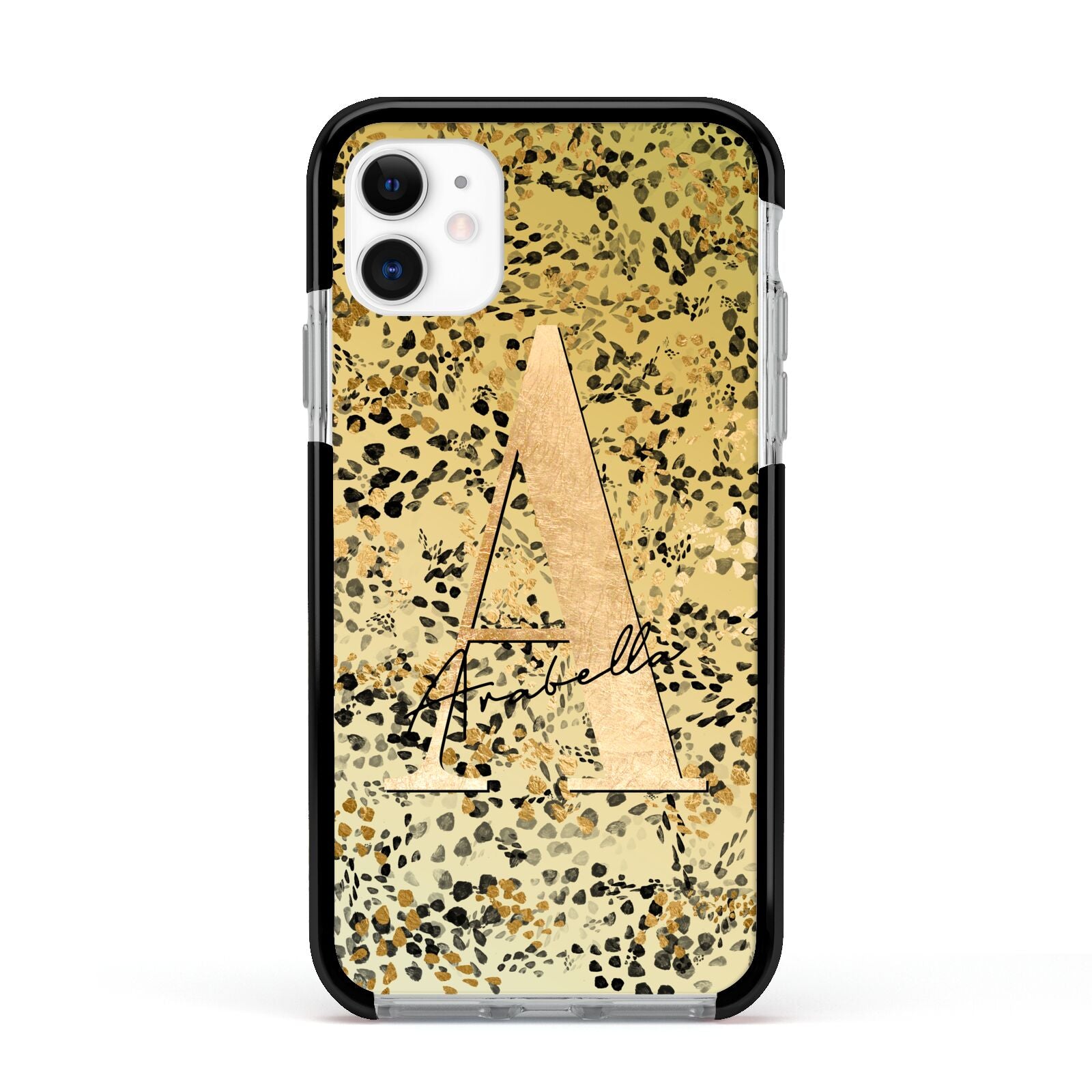 Personalised Gold Black Cheetah Apple iPhone 11 in White with Black Impact Case