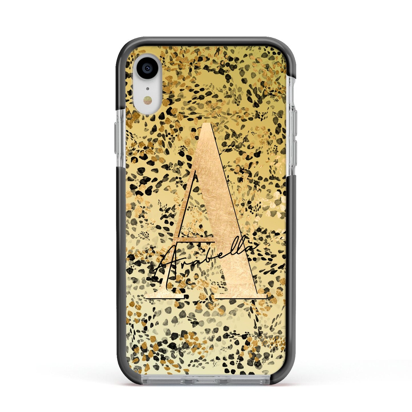 Personalised Gold Black Cheetah Apple iPhone XR Impact Case Black Edge on Silver Phone