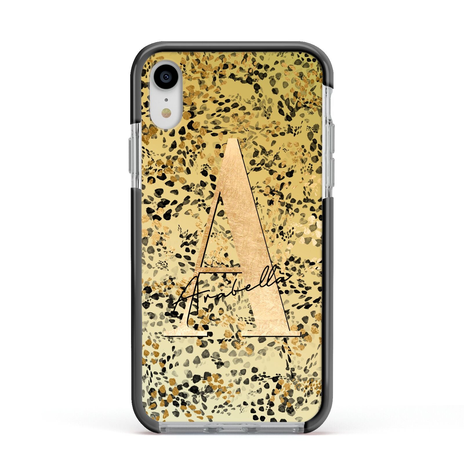 Personalised Gold Black Cheetah Apple iPhone XR Impact Case Black Edge on Silver Phone