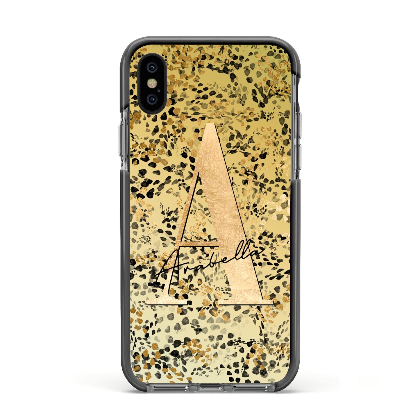 Personalised Gold Black Cheetah Apple iPhone Xs Impact Case Black Edge on Black Phone