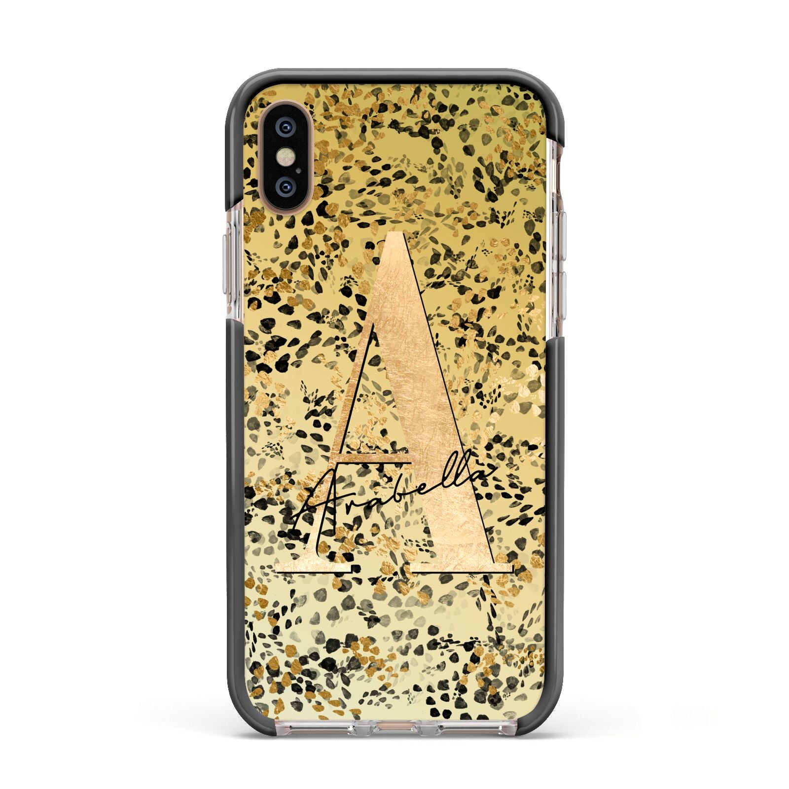 Personalised Gold Black Cheetah Apple iPhone Xs Impact Case Black Edge on Gold Phone