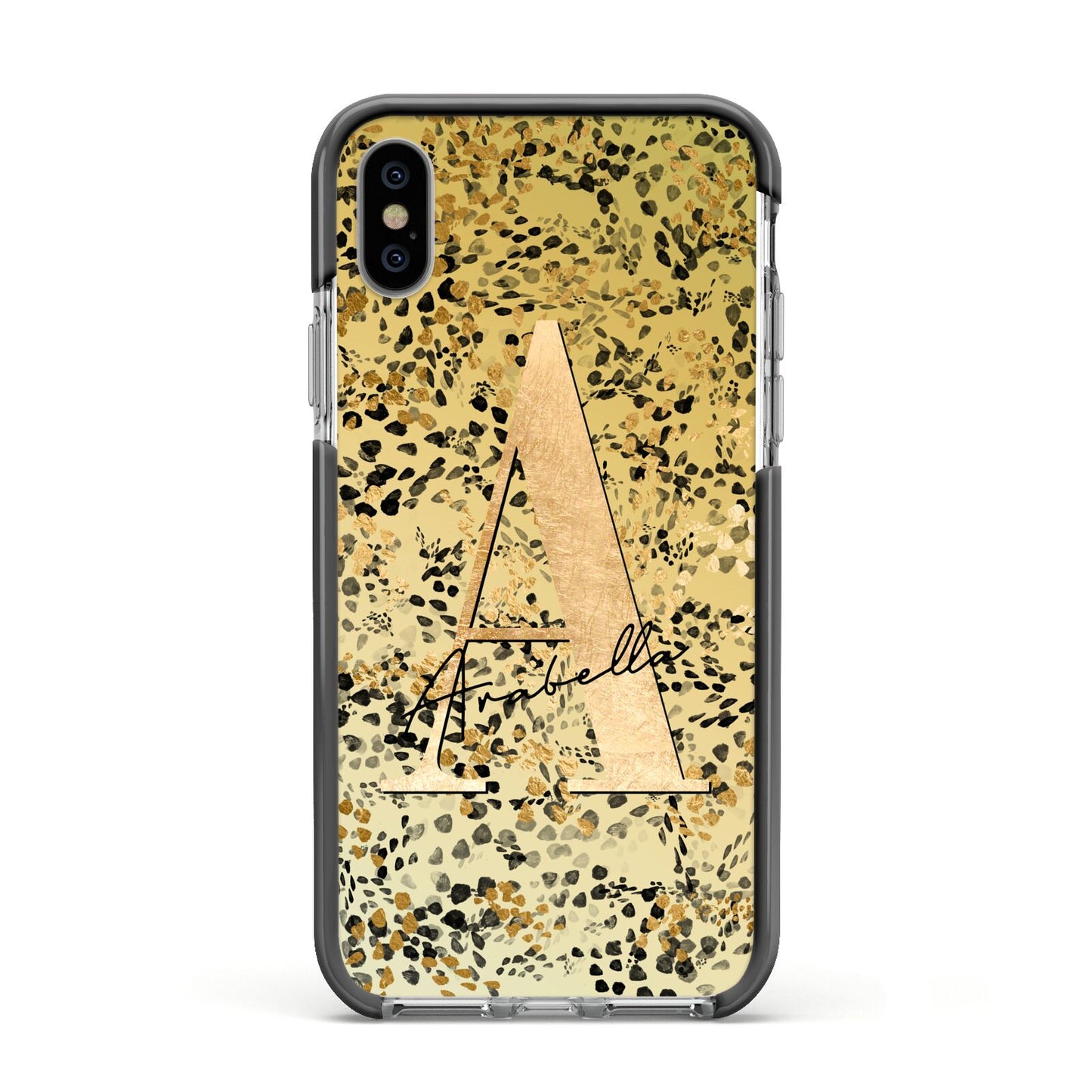 Personalised Gold Black Cheetah Apple iPhone Xs Impact Case Black Edge on Silver Phone