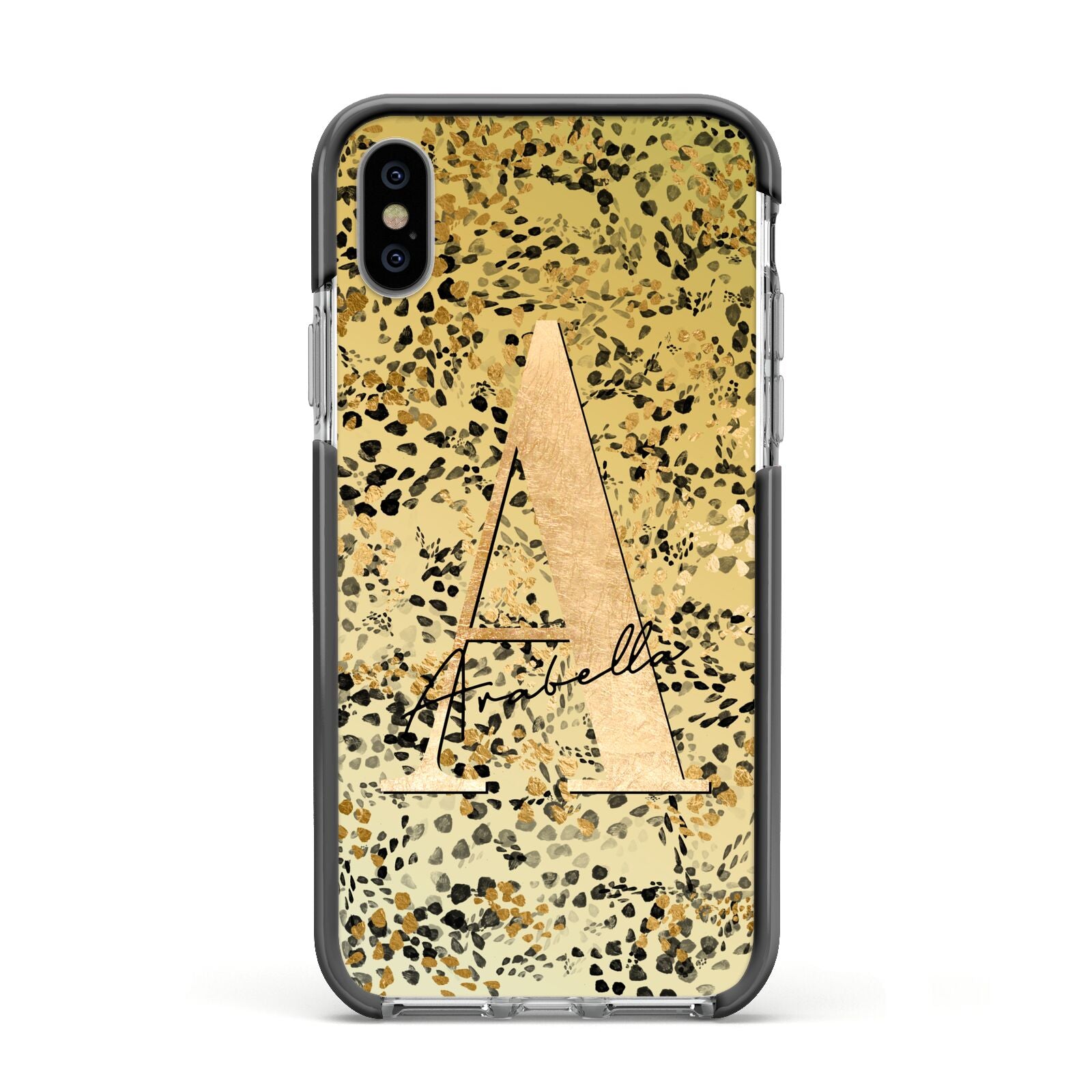 Personalised Gold Black Cheetah Apple iPhone Xs Impact Case Black Edge on Silver Phone