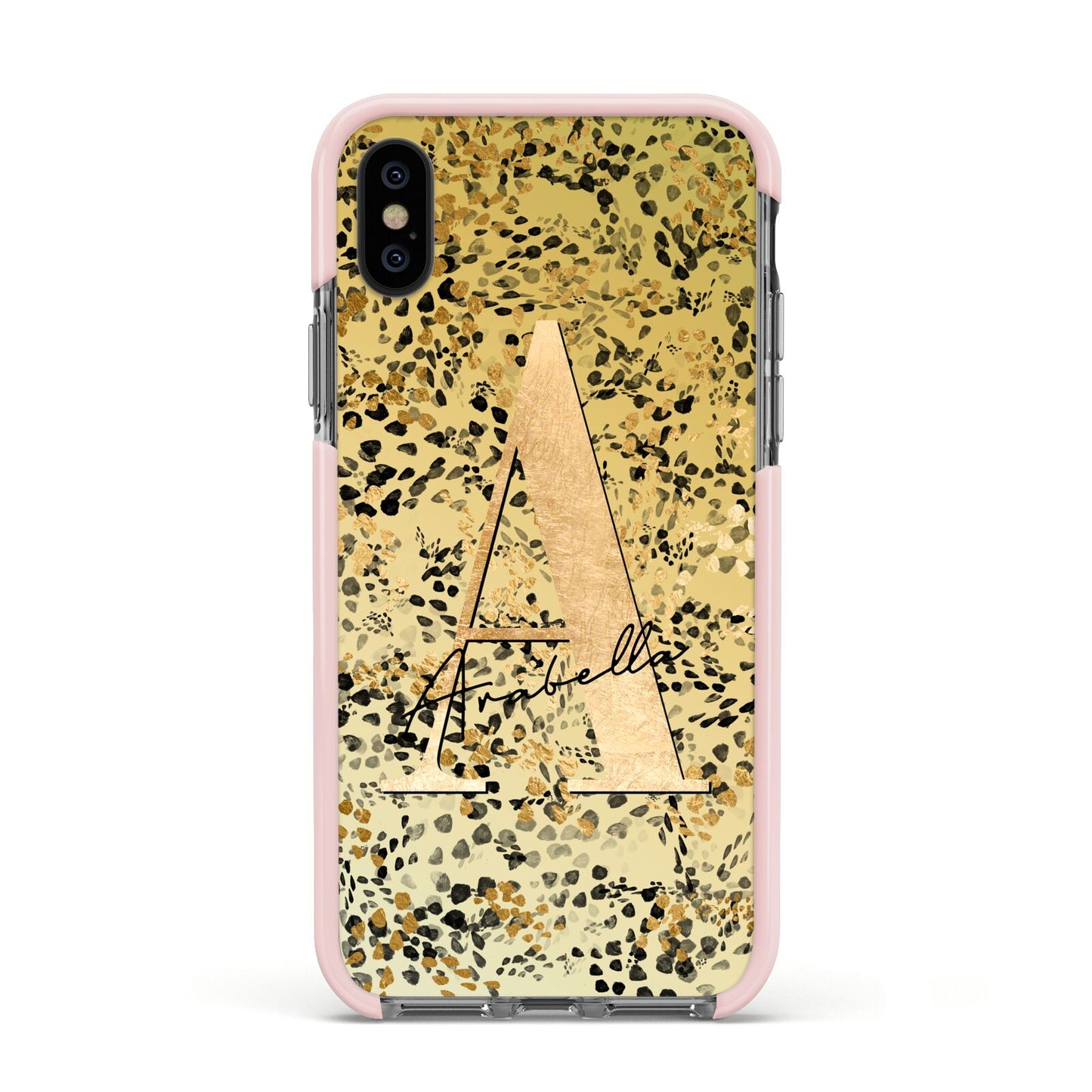 Personalised Gold Black Cheetah Apple iPhone Xs Impact Case Pink Edge on Black Phone