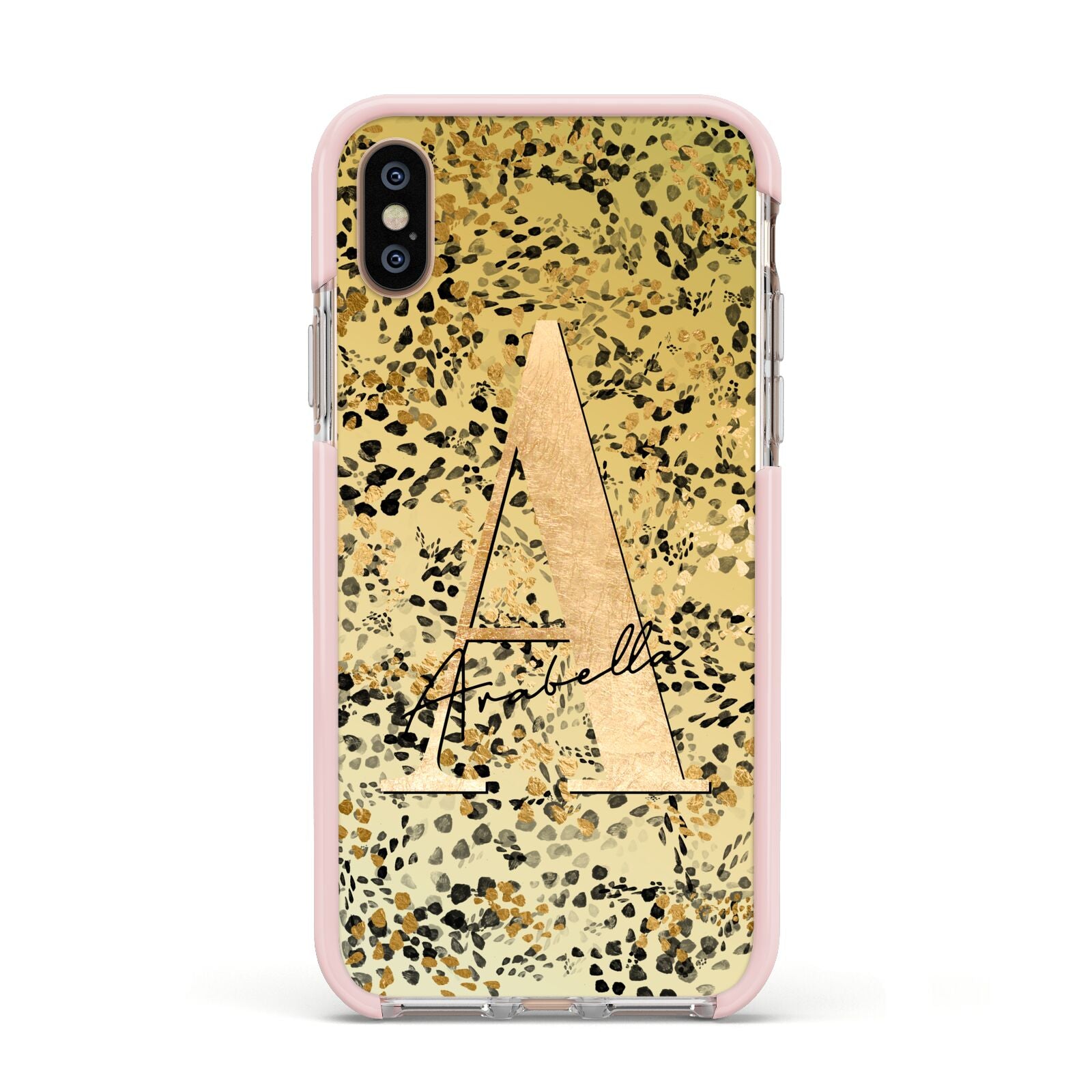 Personalised Gold Black Cheetah Apple iPhone Xs Impact Case Pink Edge on Gold Phone