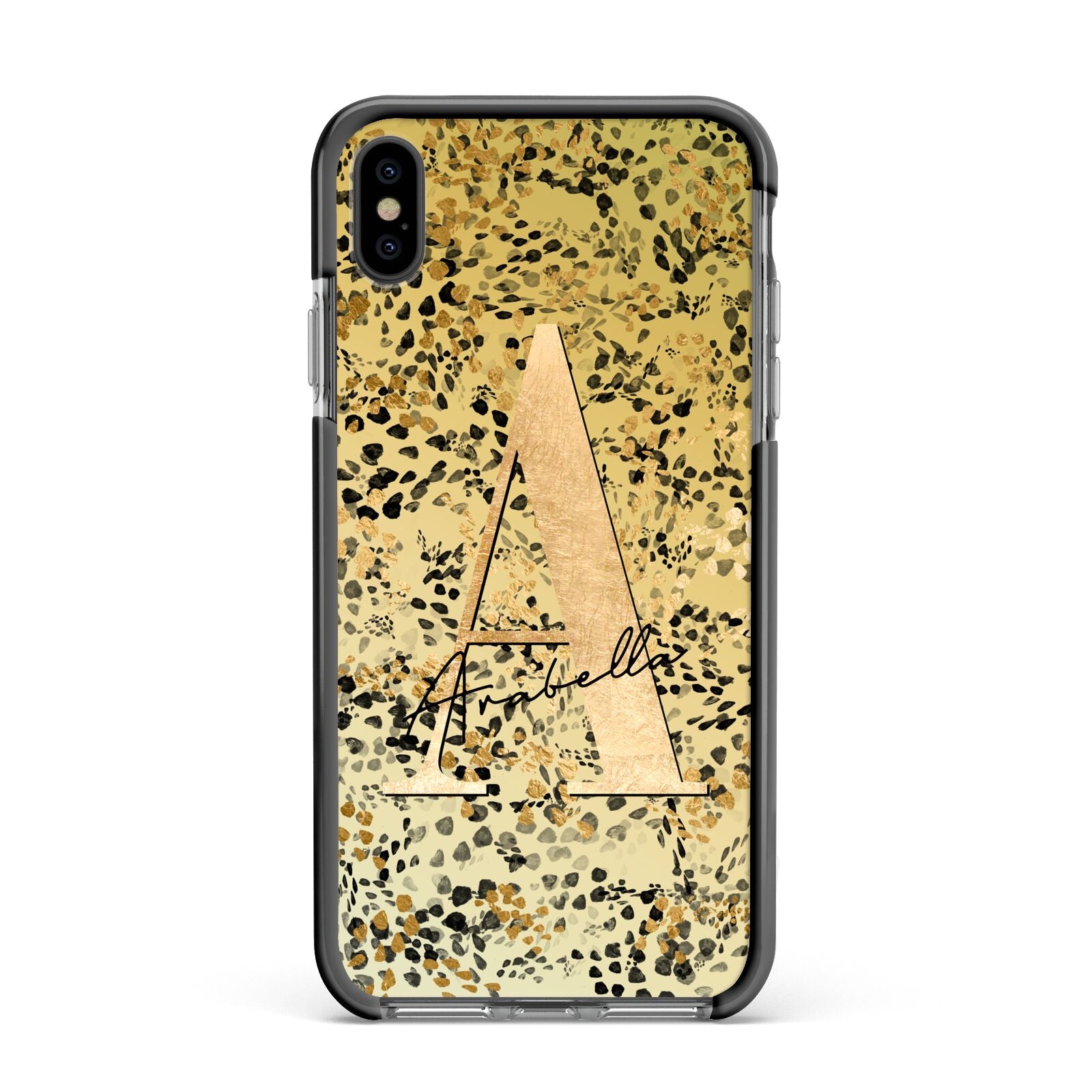 Personalised Gold Black Cheetah Apple iPhone Xs Max Impact Case Black Edge on Black Phone