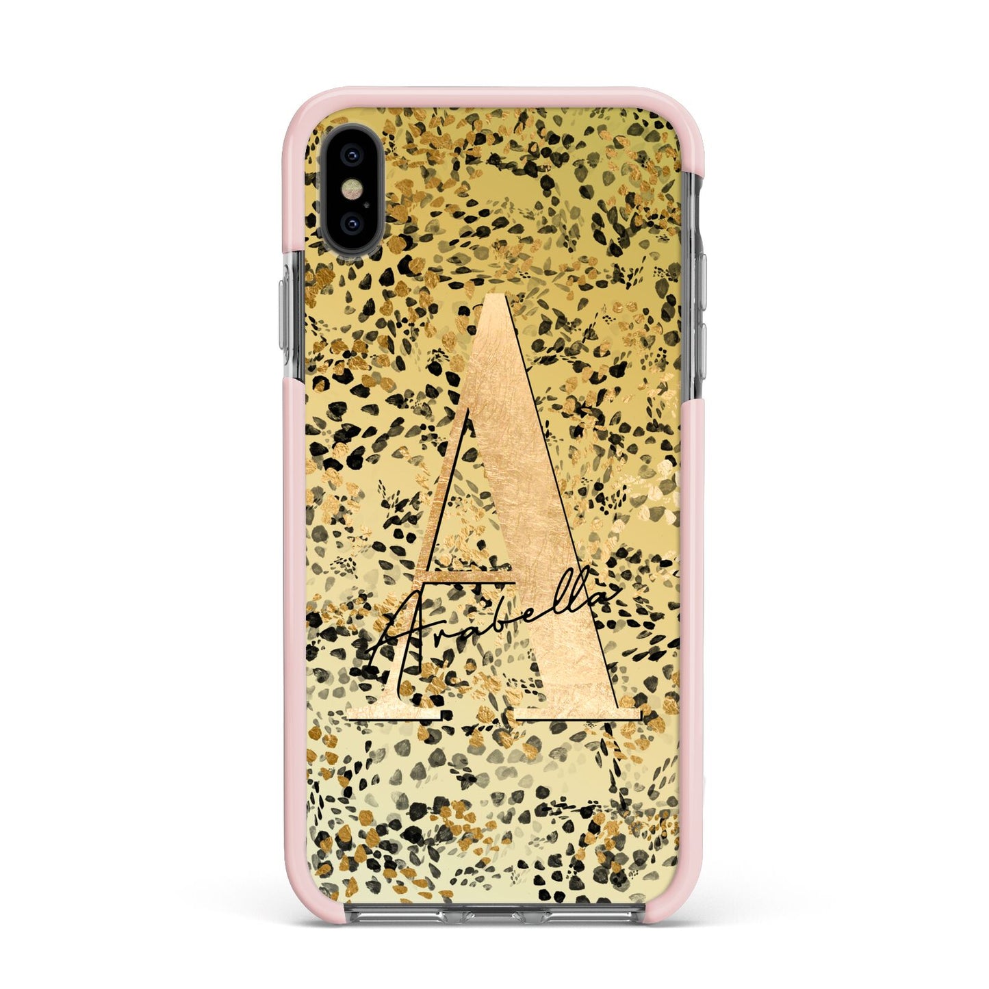 Personalised Gold Black Cheetah Apple iPhone Xs Max Impact Case Pink Edge on Black Phone