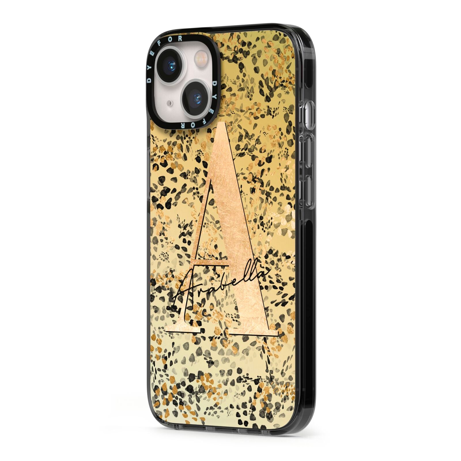 Personalised Gold Black Cheetah iPhone 13 Black Impact Case Side Angle on Silver phone