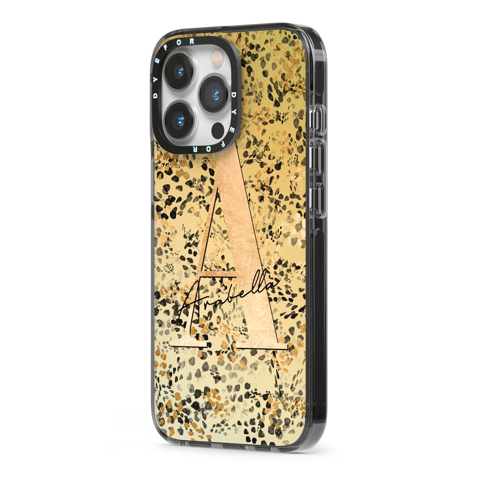 Personalised Gold Black Cheetah iPhone 13 Pro Black Impact Case Side Angle on Silver phone