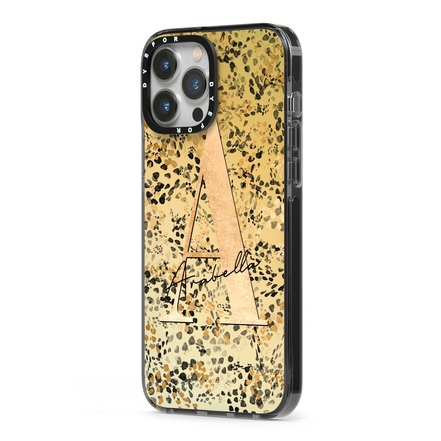 Personalised Gold Black Cheetah iPhone 13 Pro Max Black Impact Case Side Angle on Silver phone