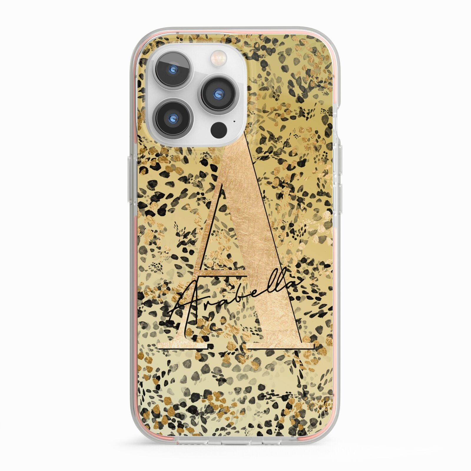 Personalised Gold Black Cheetah iPhone 13 Pro TPU Impact Case with Pink Edges