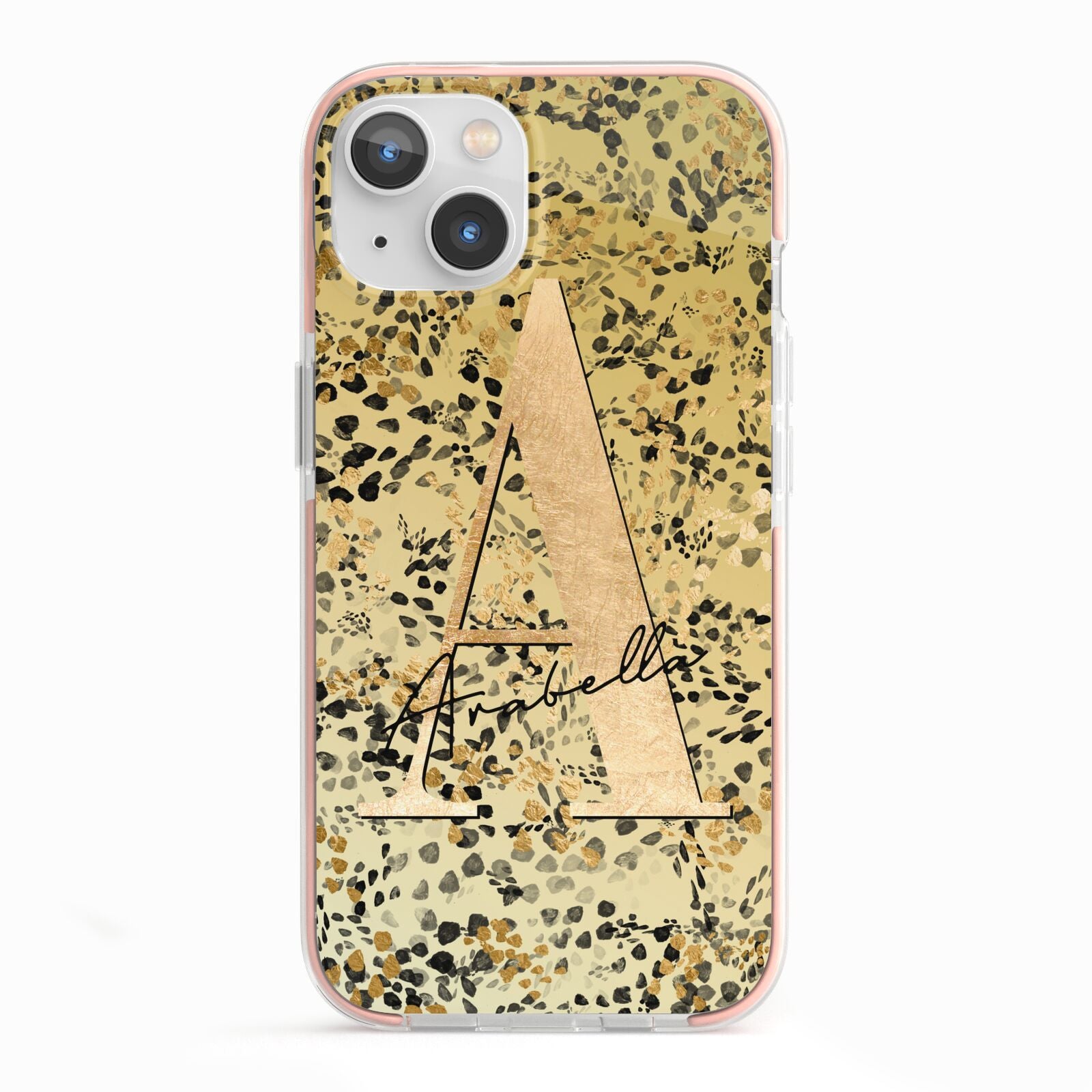 Personalised Gold Black Cheetah iPhone 13 TPU Impact Case with Pink Edges