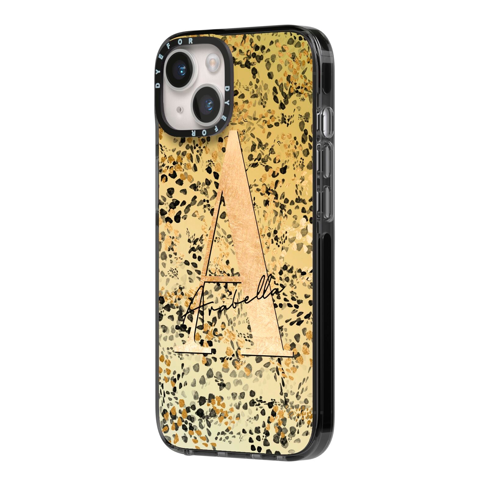 Personalised Gold Black Cheetah iPhone 14 Black Impact Case Side Angle on Silver phone