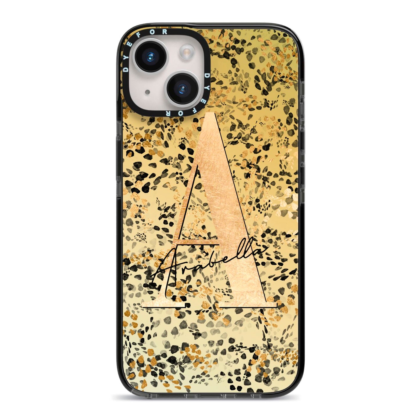 Personalised Gold Black Cheetah iPhone 14 Black Impact Case on Silver phone