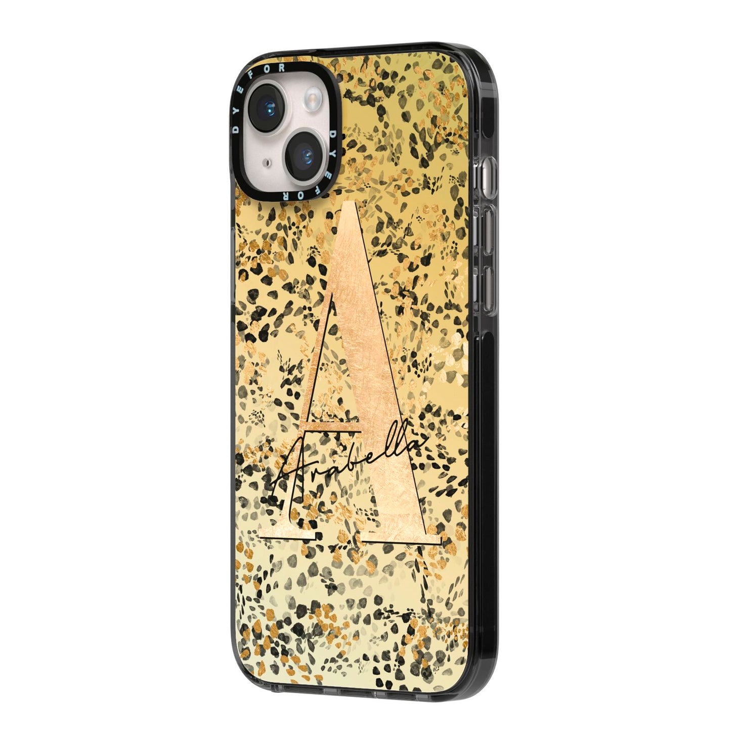 Personalised Gold Black Cheetah iPhone 14 Plus Black Impact Case Side Angle on Silver phone