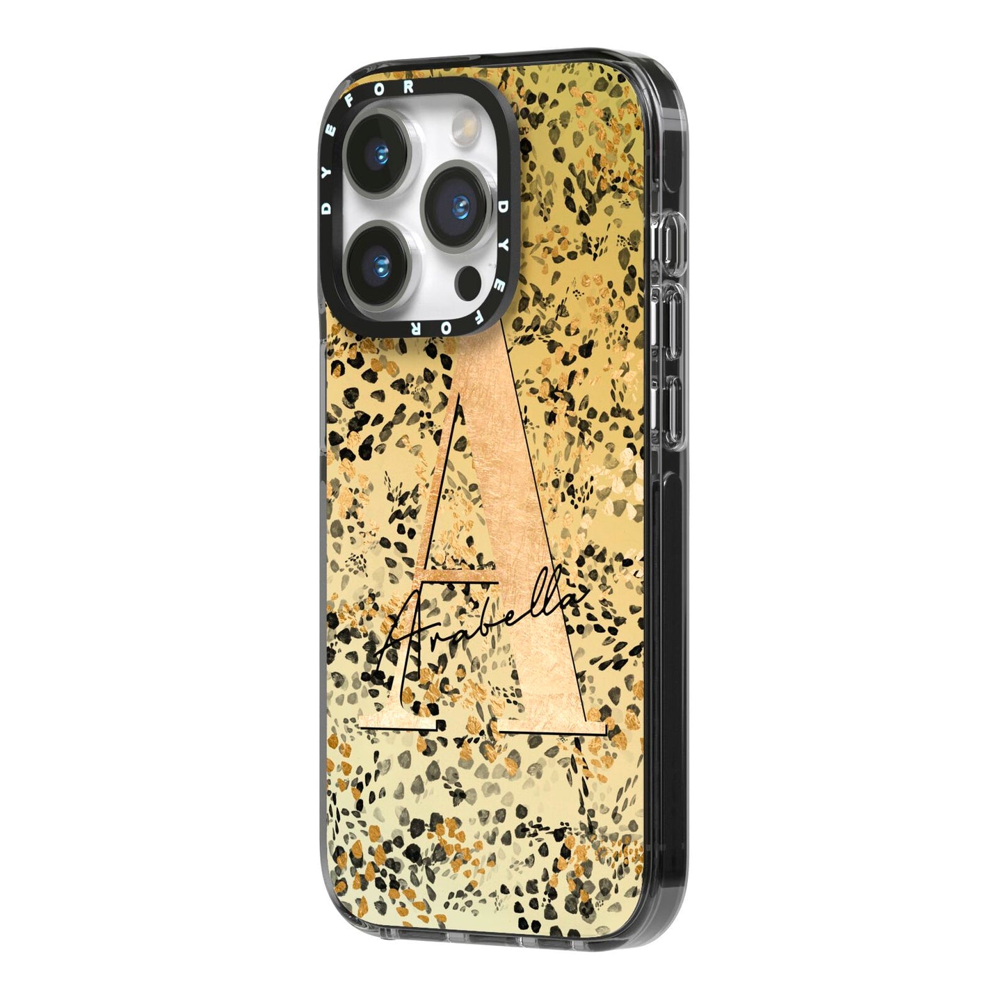 Personalised Gold Black Cheetah iPhone 14 Pro Black Impact Case Side Angle on Silver phone